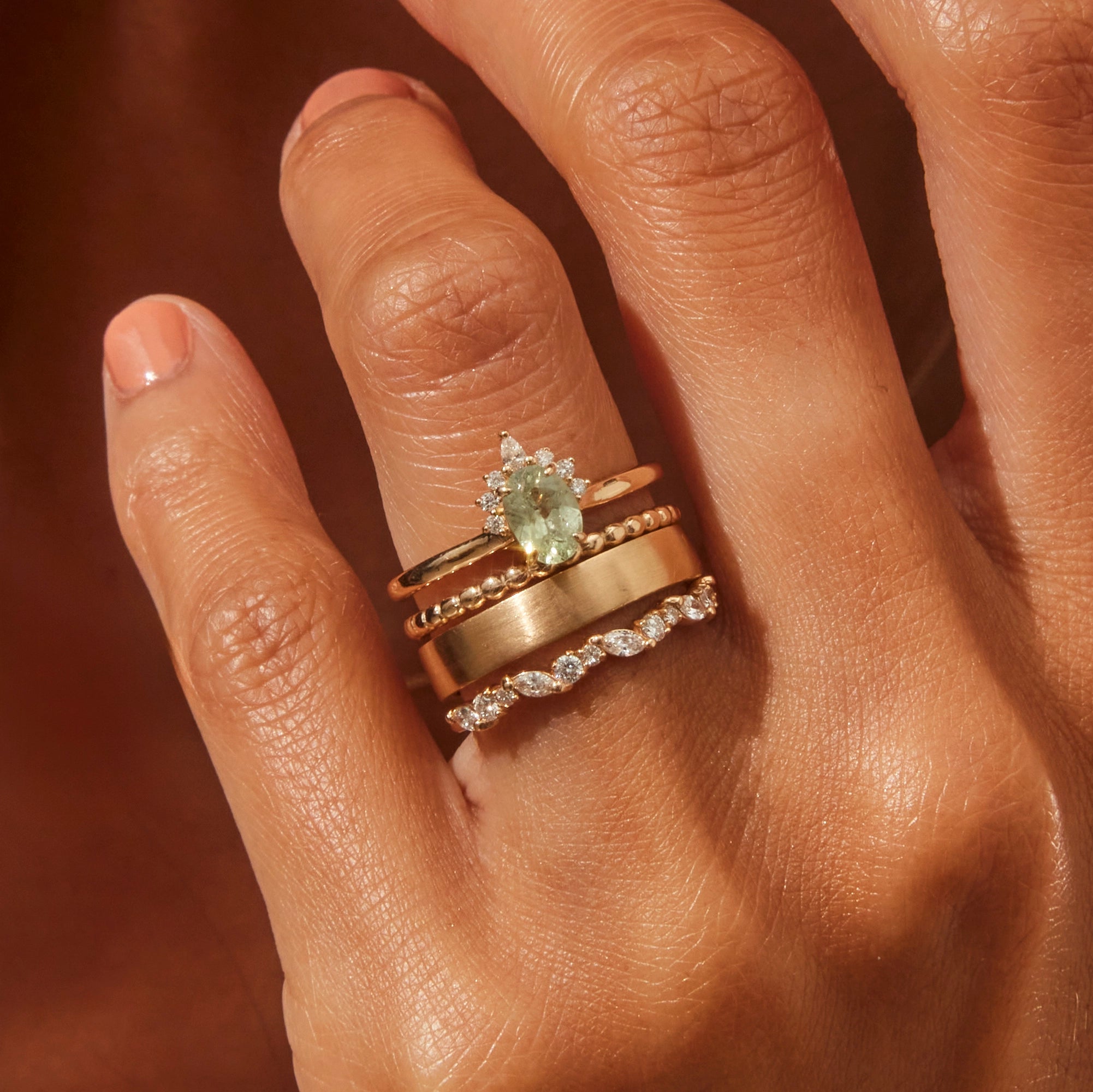 14K Yellow Gold Green Oval Sapphire & White Diamond Ring - Unique Handcrafted Jewelry for Weddings, Anniversaries & Special Occasions