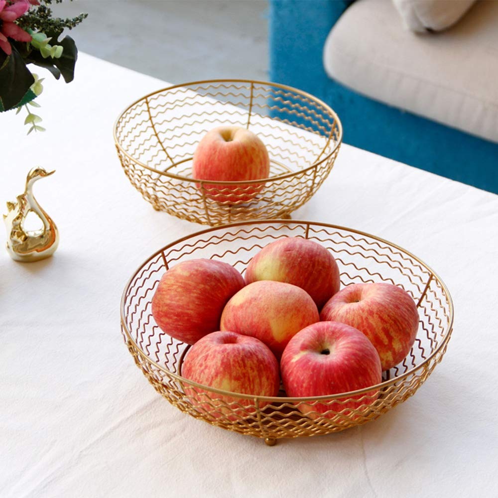 Golden Metal Fruit Basket - Modern Decorative Bowl for Fruits, Vegetables, Snacks & Bread - Large Capacity Kitchen Storage (7.5 x 25 cm) - Perfect for Dining Table Centerpiece, Kitchen Countertop & Party Serving