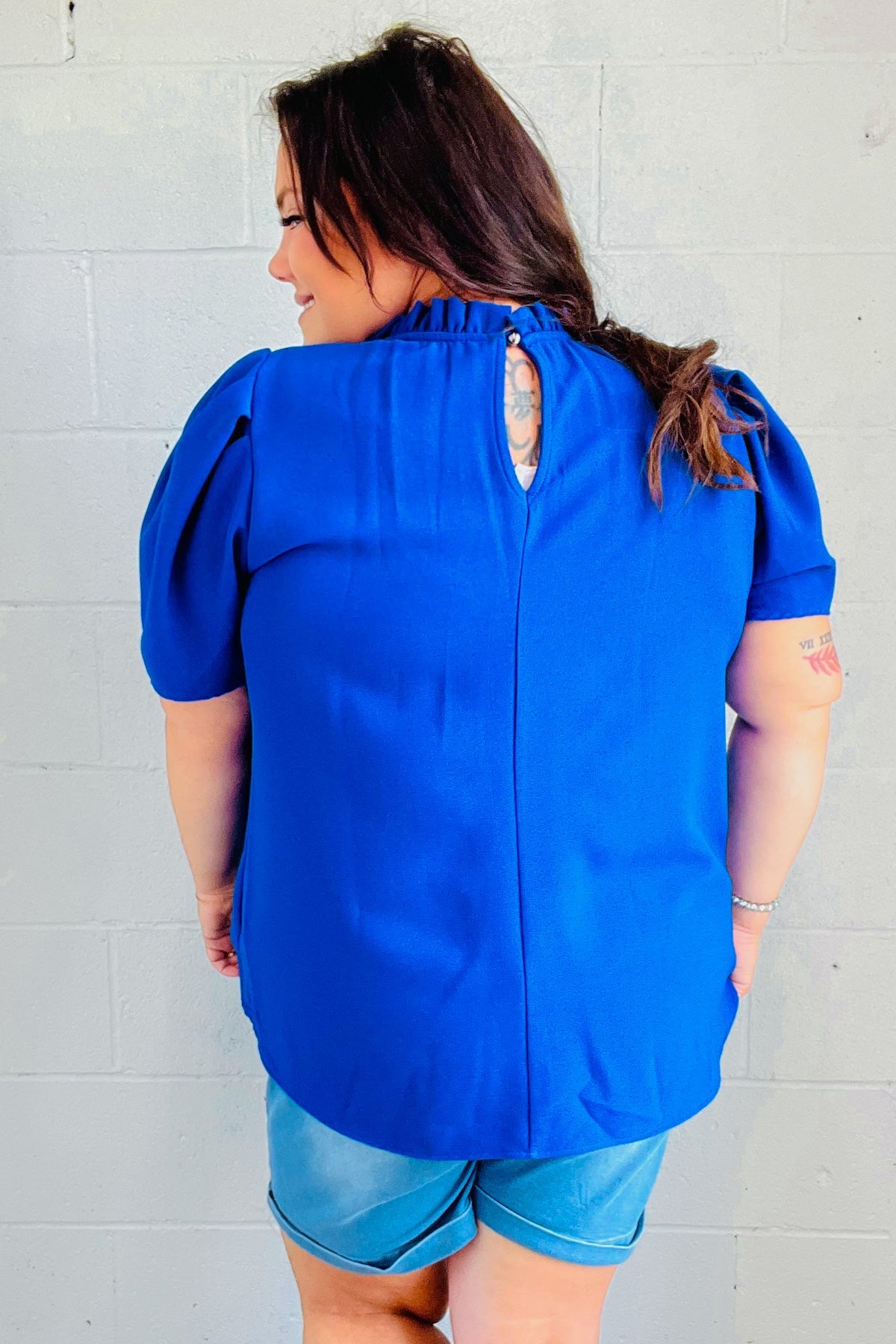 Stylish Blue Frill Mock Neck Woven Top for Women - Perfect for Holiday Parties & Casual Outings
