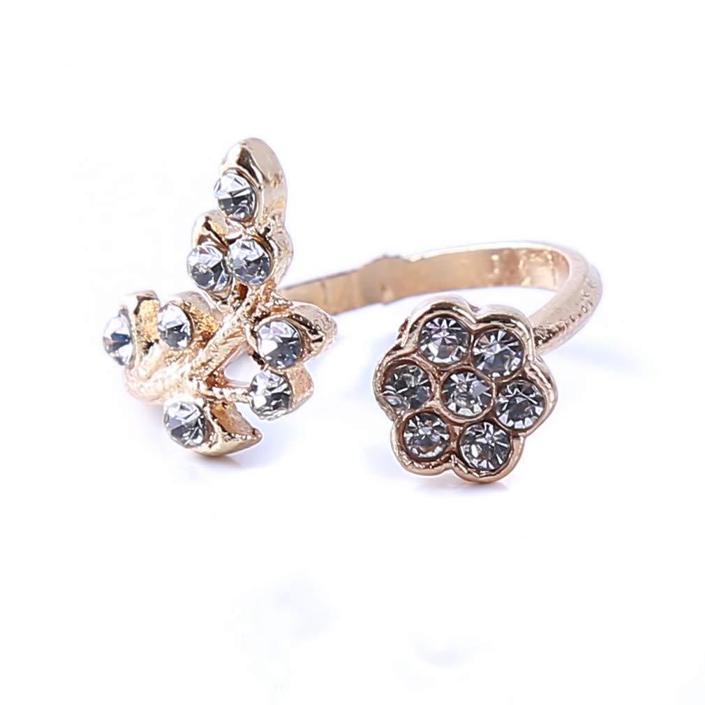MOONRING Open Ring for Women - Faux Diamond Twisted Leaf Flower Adjustable Gold Tone Ring - Perfect Birthday Gift, Anniversary Present & Fashion Jewelry for Daily Wear, Parties & Special Occasions