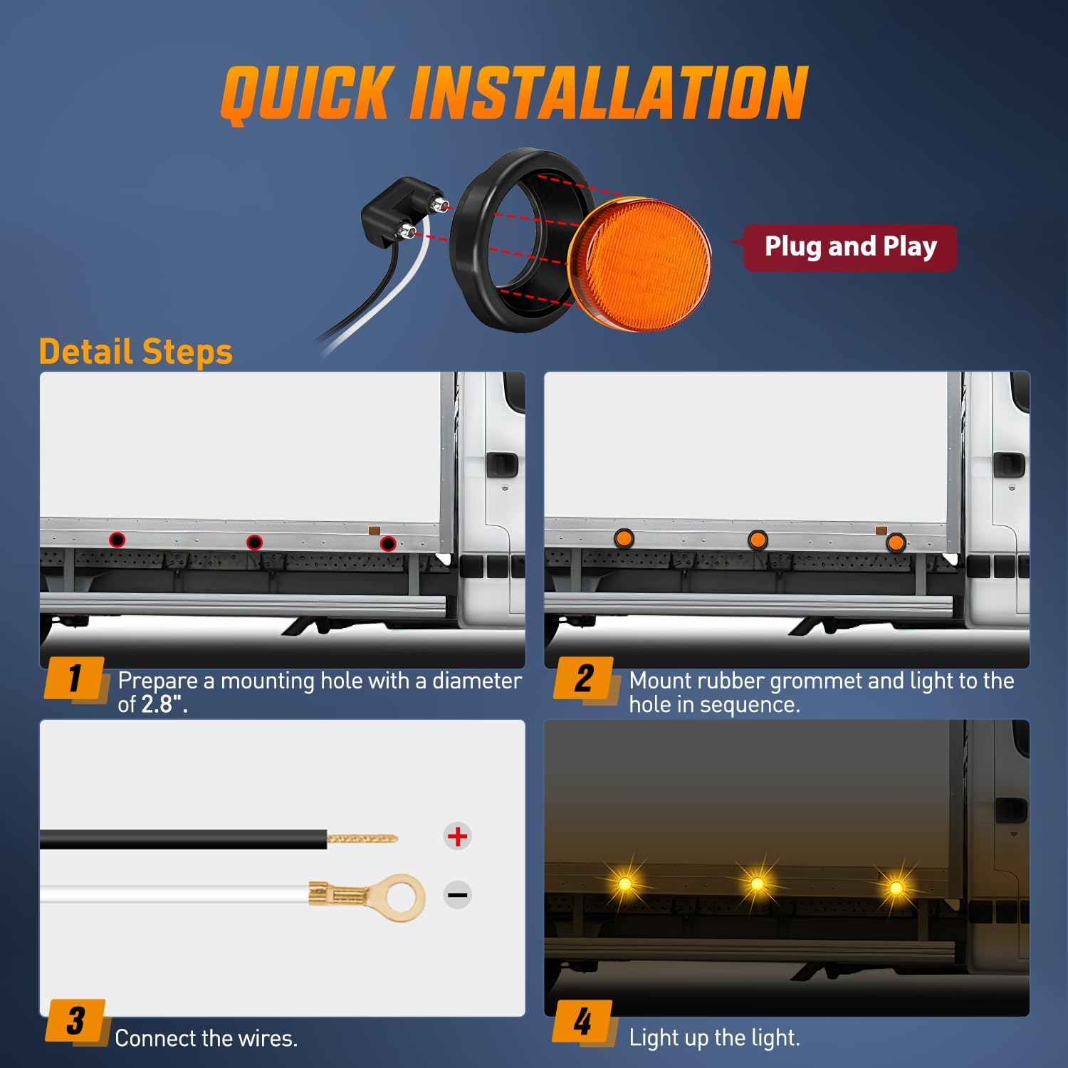 2.5 Inch Amber LED Round Marker Clearance Lights - 13 LEDs per Light - DOT Approved for Trucks, Trailers, RVs & Boats - Waterproof & Durable for Outdoor Use