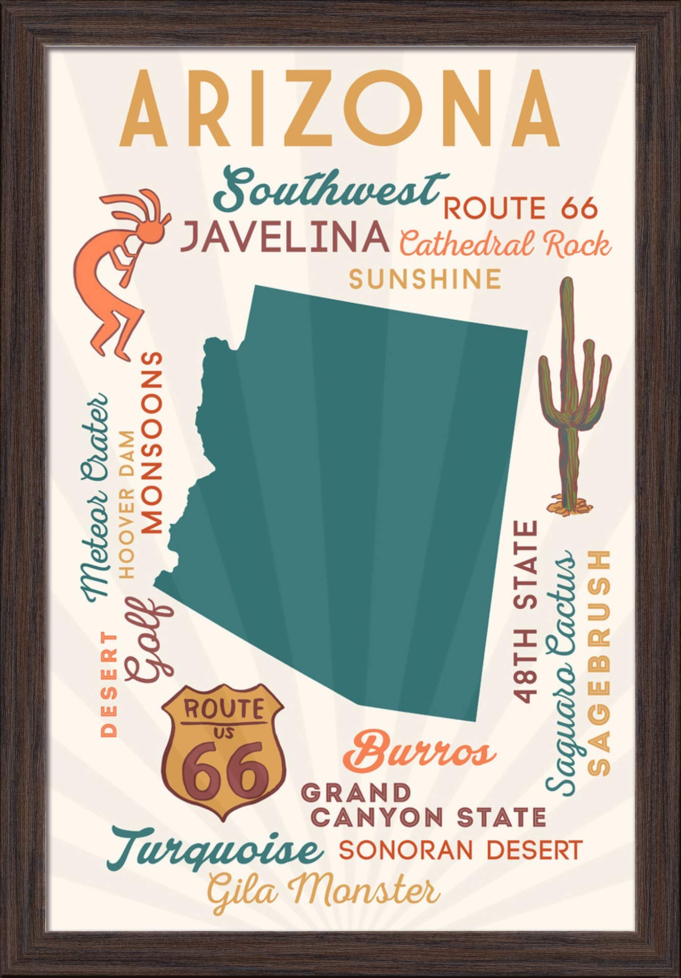 Arizona Typography and Icons Wall Art - 16x24 Giclee Fine Art Print with Recycled Wood Frame in Espresso Brown - Perfect for Living Room, Office or Home Decor