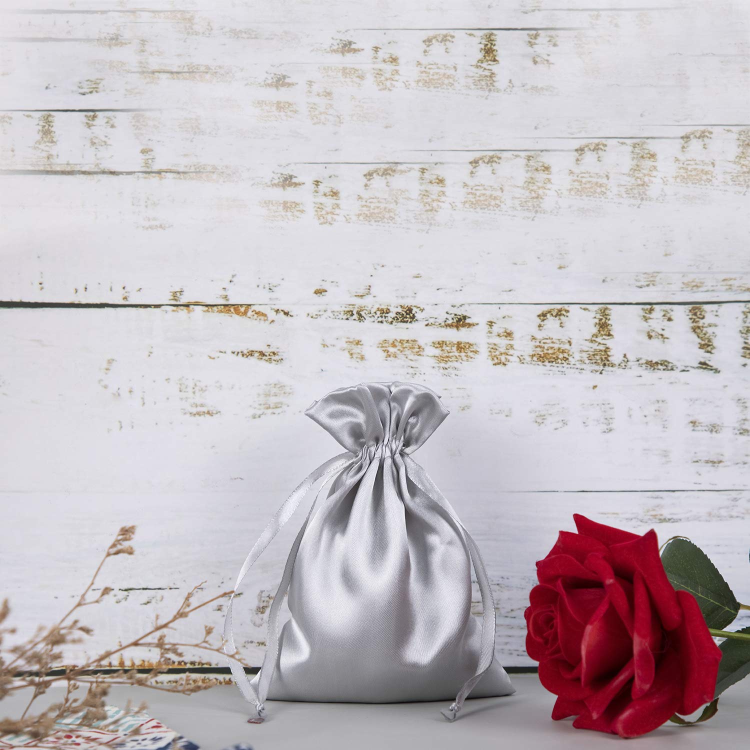 50 Pack 5x7 Silver Satin Drawstring Gift Bags - Small Jewelry Pouch, Wedding Favors, Baby Shower & Party Favor Bags - Perfect for Gifts, Jewelry Storage & Special Occasions