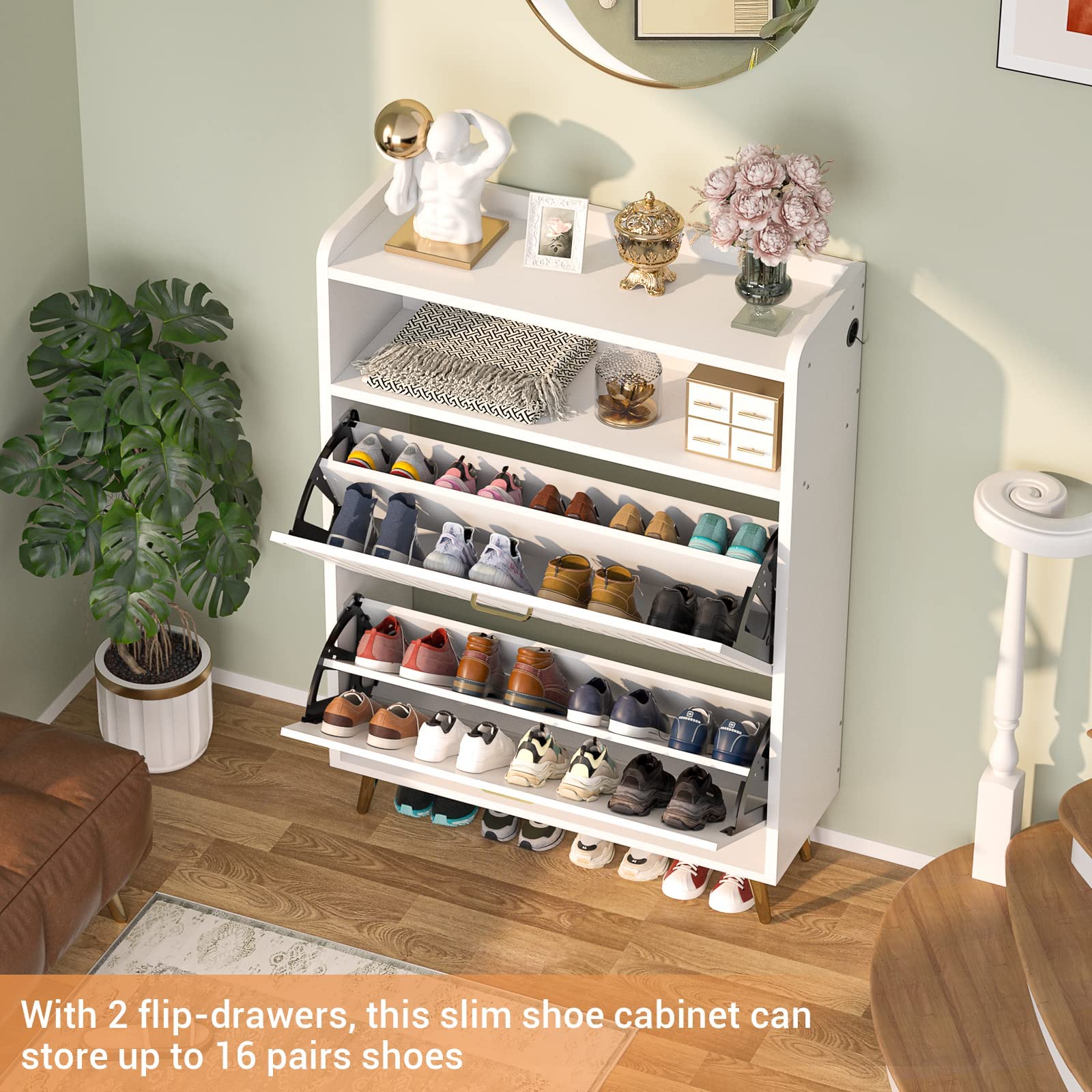Aheaplus Shoe Cabinet with Flip Doors - Motion Sensor LED Shoe Storage Organizer, Freestanding Wooden Entryway Shoe Rack with Open Shelves - Perfect for Closet, Living Room & Hallway Organization (White)