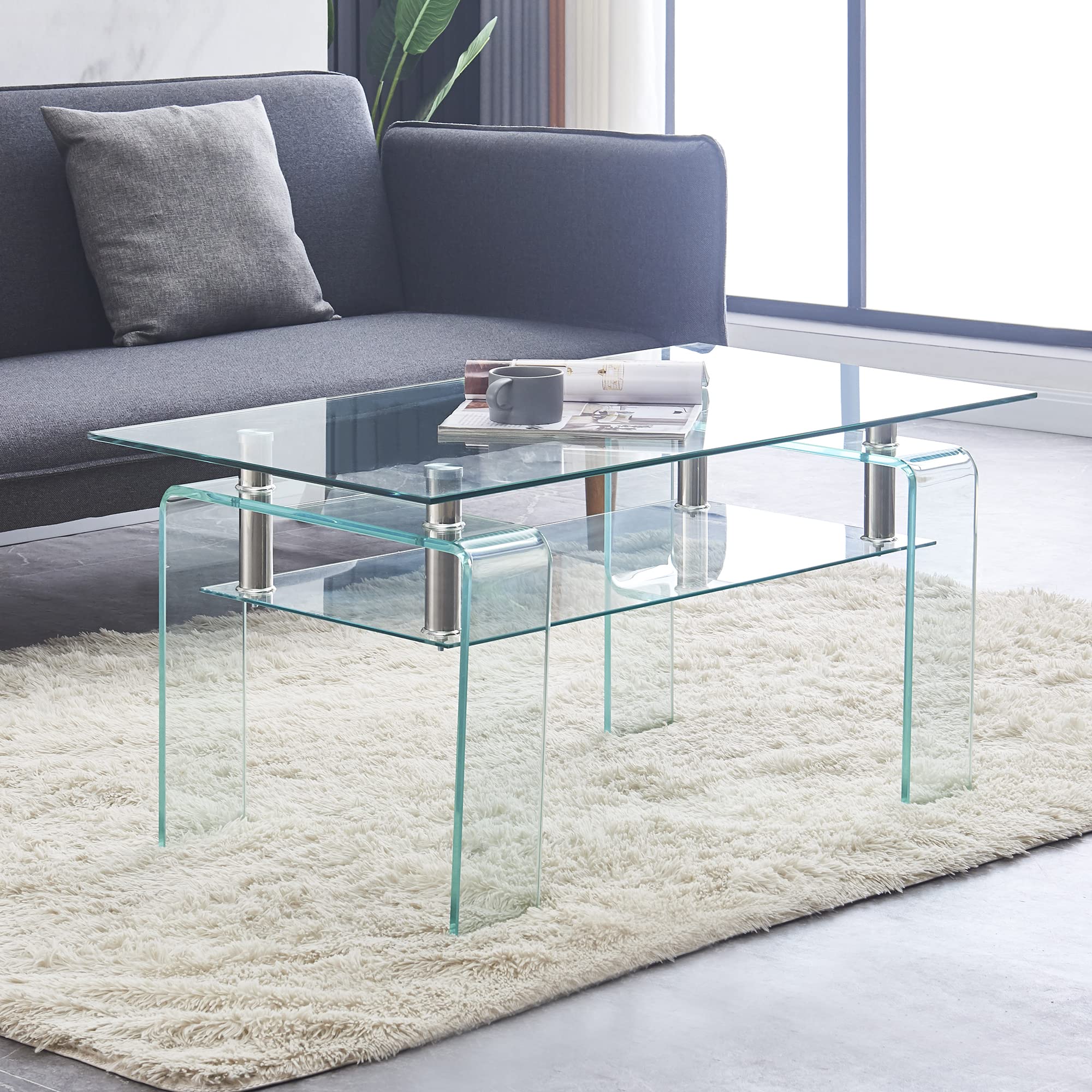 Modern Clear Glass Coffee Table with Storage Shelf - Rectangle Living Room Side Table for Small Spaces, Easy to Clean - Perfect for Home Decor, Apartment Furniture & Office Waiting Areas