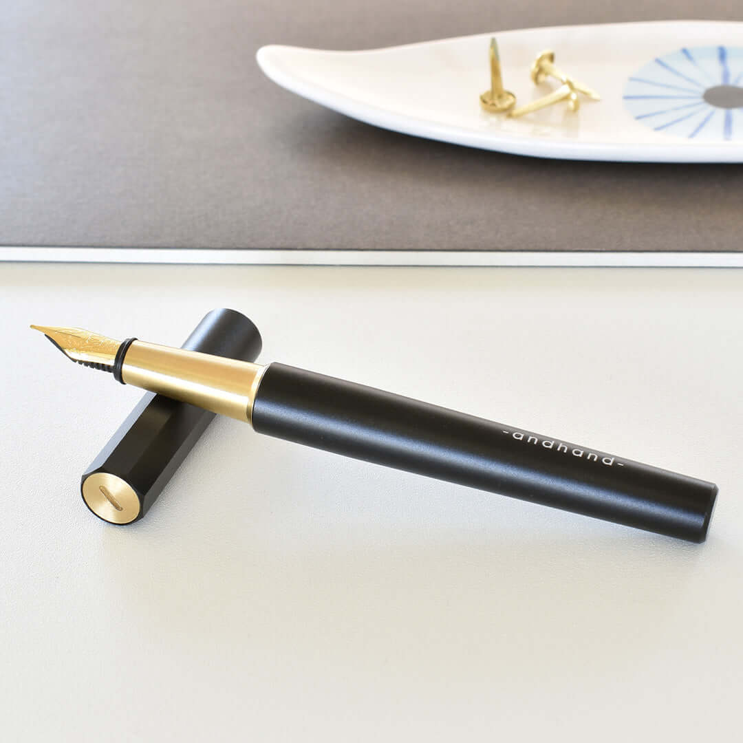 Andhand Method Fountain Pen with Medium Nib - Premium Black & Brass Design for Writing, Calligraphy, and Office Use