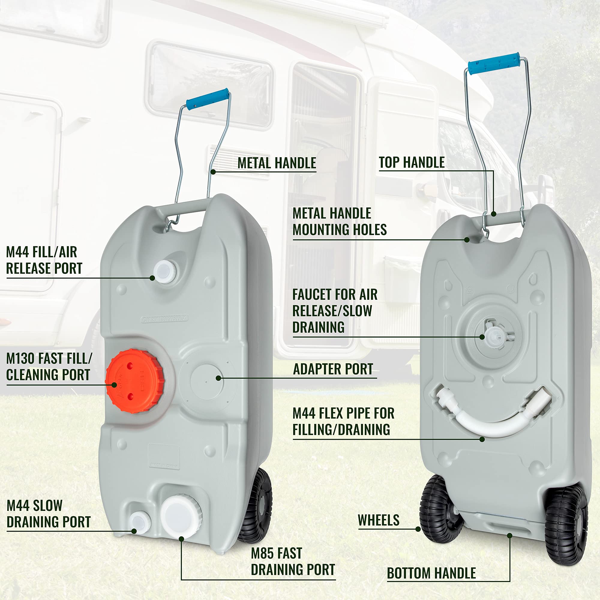 Hike Crew RV 10.6 Gallon Portable Waste Holding Tank - Odorless Black & Grey Water Tote for Campers & Travel Trailers with Rotating Drain Spout, Filling Port, Collapsible Handle & Wheels | Easy Emptying for RV Trips, Camping & Outdoor Adventures