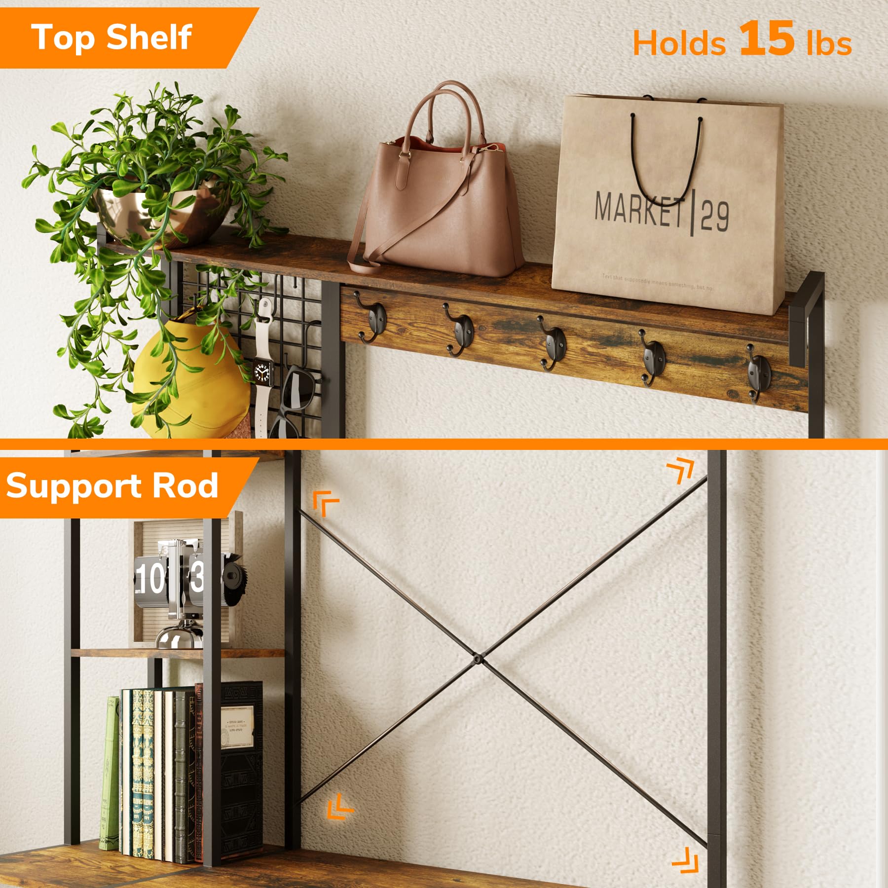 AMBIRD Entryway Hall Tree with Shoe Storage Bench - Coat Rack with 9 Hooks, Metal Grid Panel & Shelves - Rustic Brown & Ink Black (41