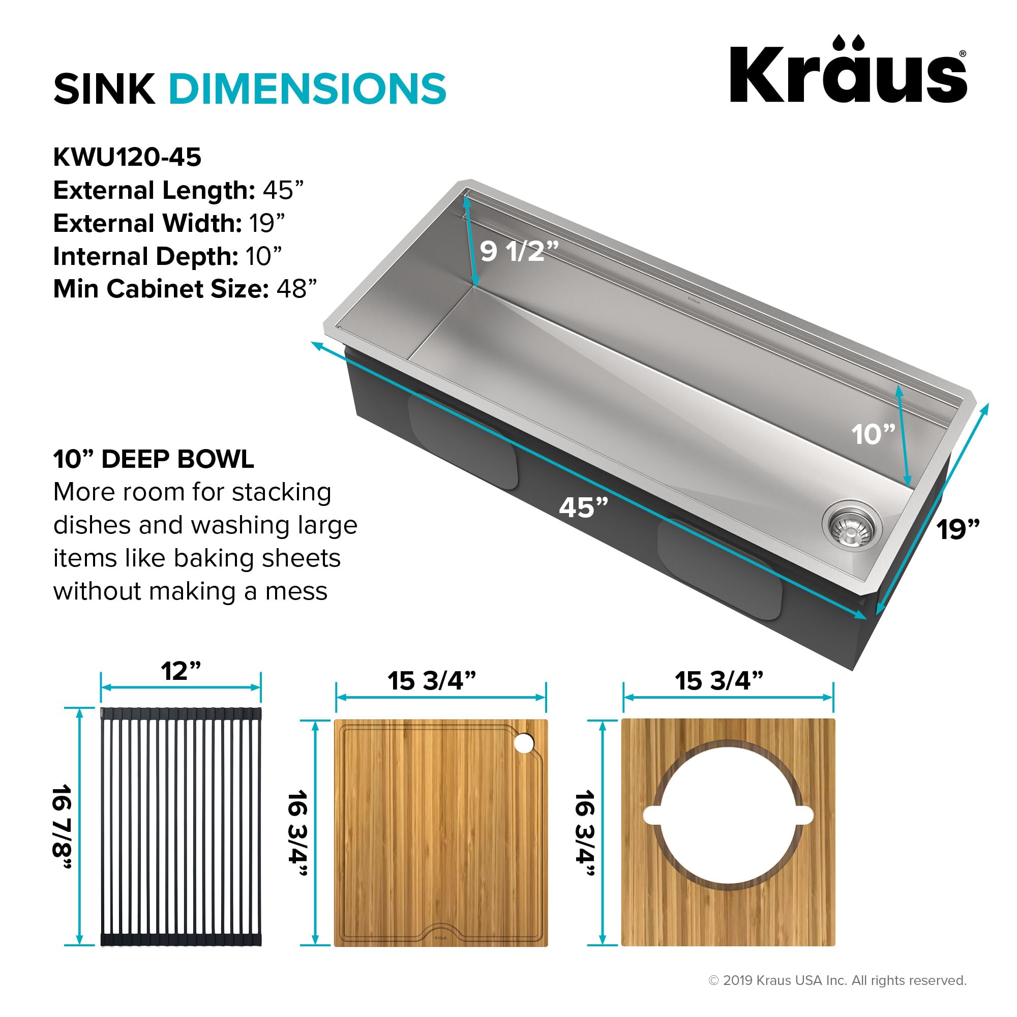 KRAUS KWU120-45 Kore 2-Tier 45-inch Undermount 16 Gauge Stainless Steel Kitchen Sink with Integrated Ledge & Accessories - Single Bowl Workstation for Modern Kitchens (Pack of 10) | Perfect for Meal Prep, Dishwashing & Entertaining