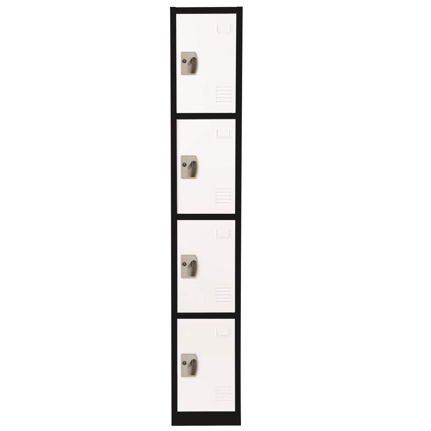 Steel Storage Locker with 4 Compartments - 12x12x72 Inches, Black Body & White Doors - Heavy Duty School, Gym, Warehouse & Office Organization Solution