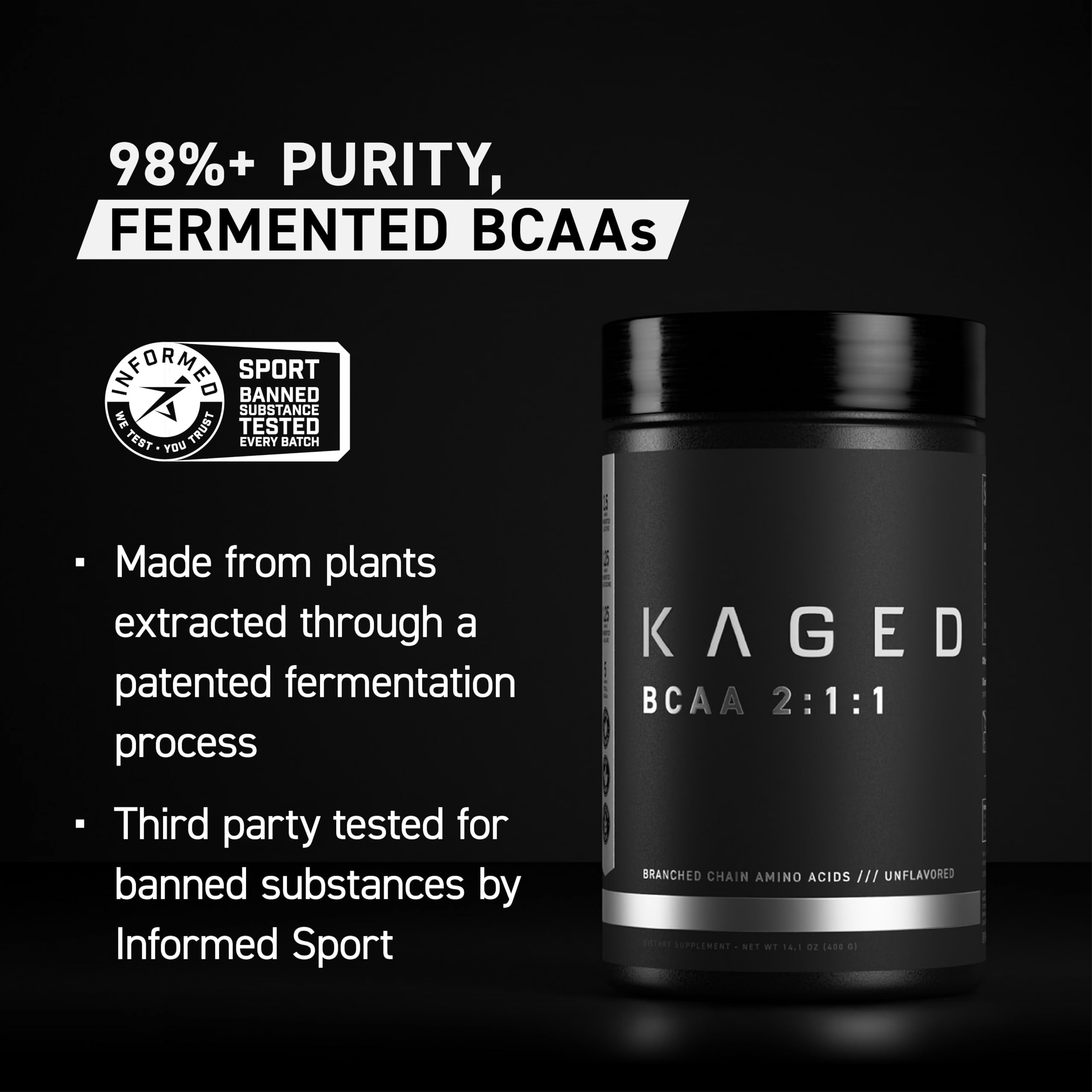 Kaged BCAAs Amino Acid Powder - 5g BCAA per Serving, Fermented & Plant-Based Vegan Branched Chain Amino Acid Supplement, Unflavored, 72 Servings for Men - Ideal for Post-Workout Recovery & Muscle Growth