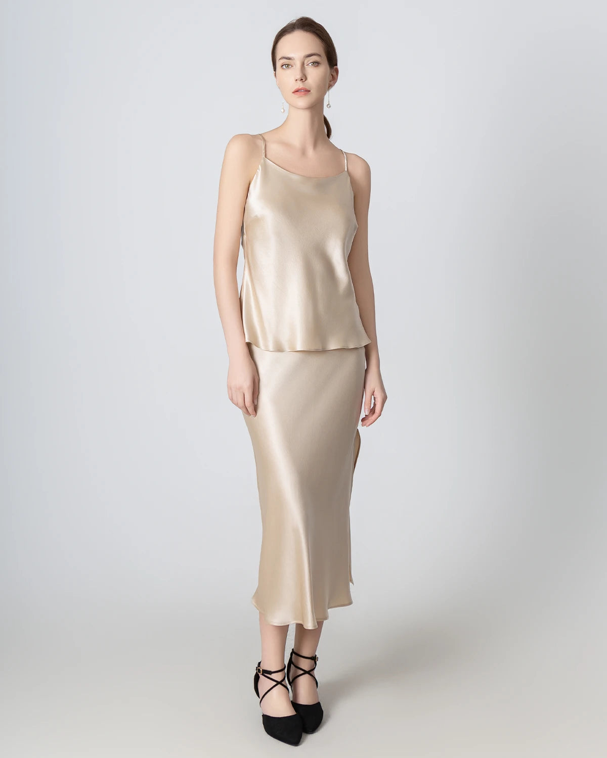 Luxury Round Neck Silk Camisole & Midi Skirt Set - Women's Elegant Satin Pajama Loungewear for Home, Sleep & Special Occasions