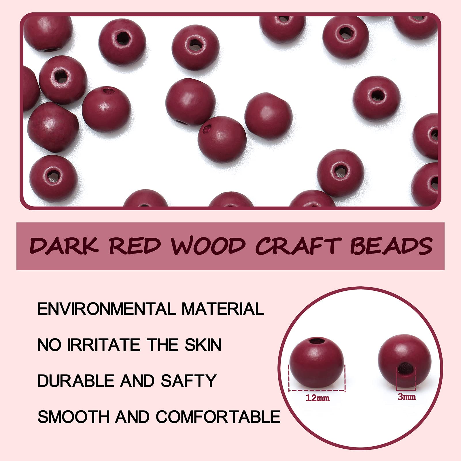 12mm Dark Red Wood Beads with 3mm Hole - 300pcs Round Natural Wooden Loose Beads for DIY Jewelry Making, Farmhouse Garland, Home Decor Crafts - Perfect for Necklaces, Bracelets, Wedding Decor & Boho Crafts