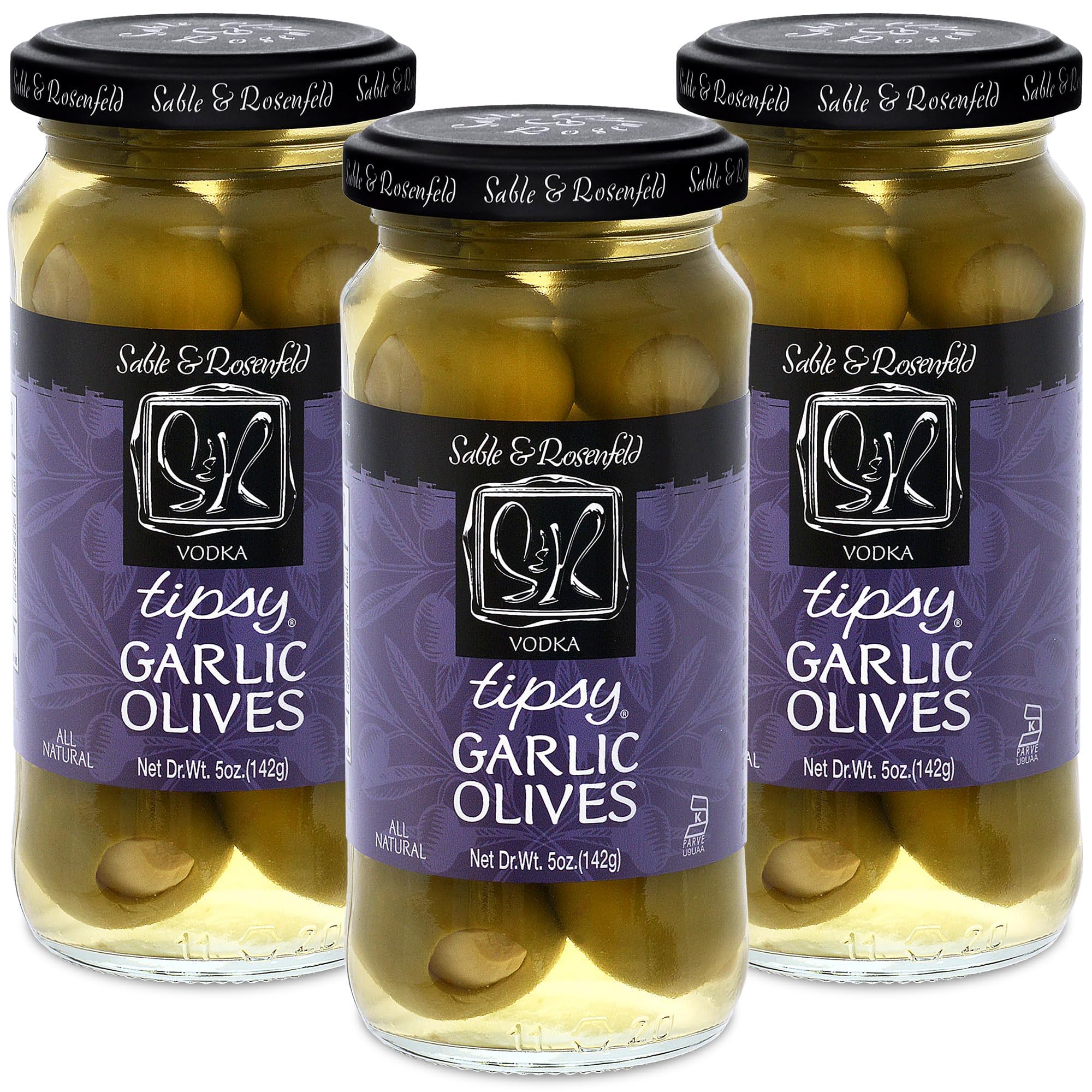 Sable & Rosenfeld Tipsy Olives - Green Olives Stuffed with Garlic in Vodka, Large Cocktail Olives for Martinis, Bloody Mary & Drinks - Perfect for Home Bars, Parties & Gourmet Gift Giving - 5 oz (Pack of 3)