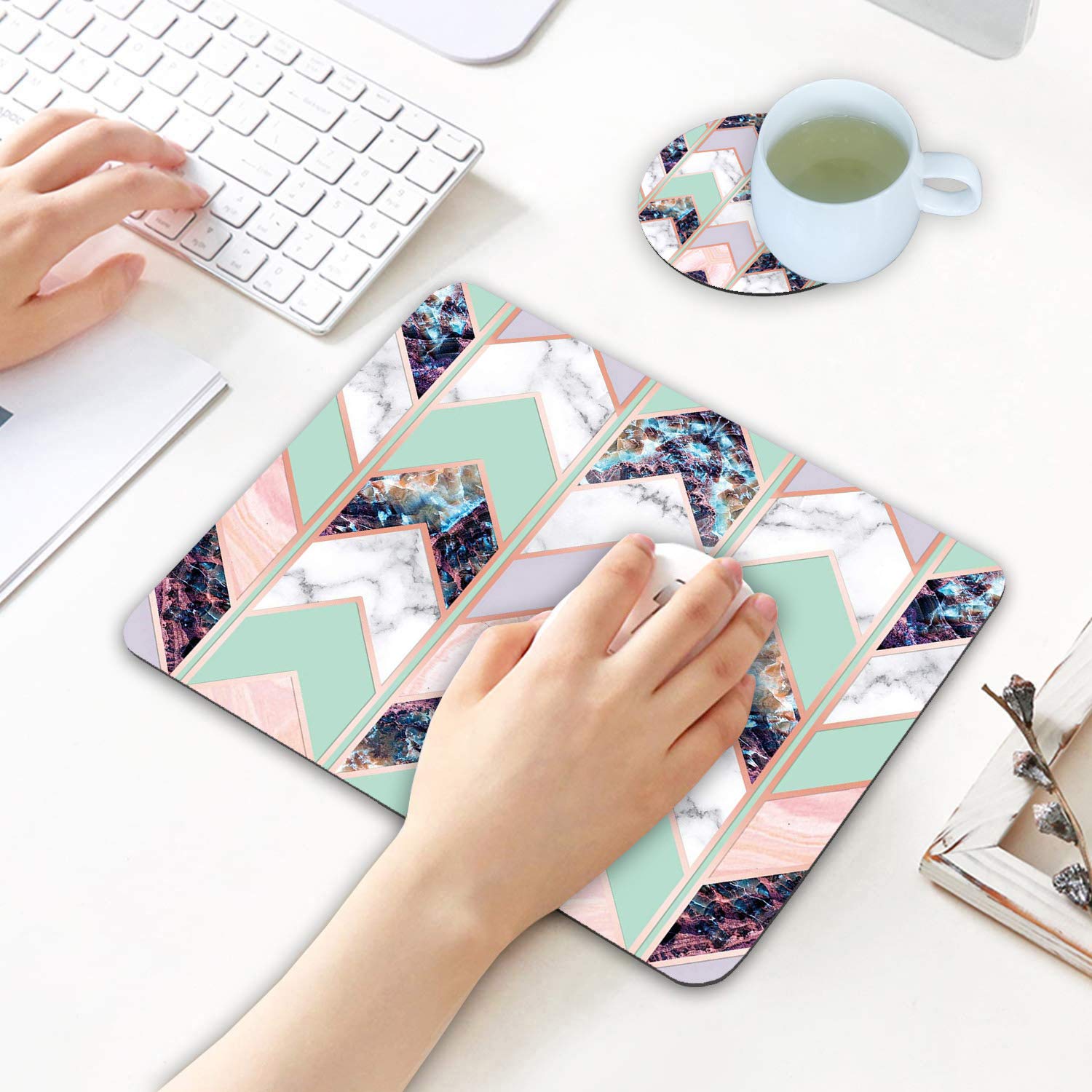 LOWORO Geometric Marble Mouse Pad & Coasters Set - Non-Slip Rubber Base Rectangle Desk Mat for Laptop, Computer, Gaming & Office Use - Perfect for Workstations, Home Offices and Gaming Setups