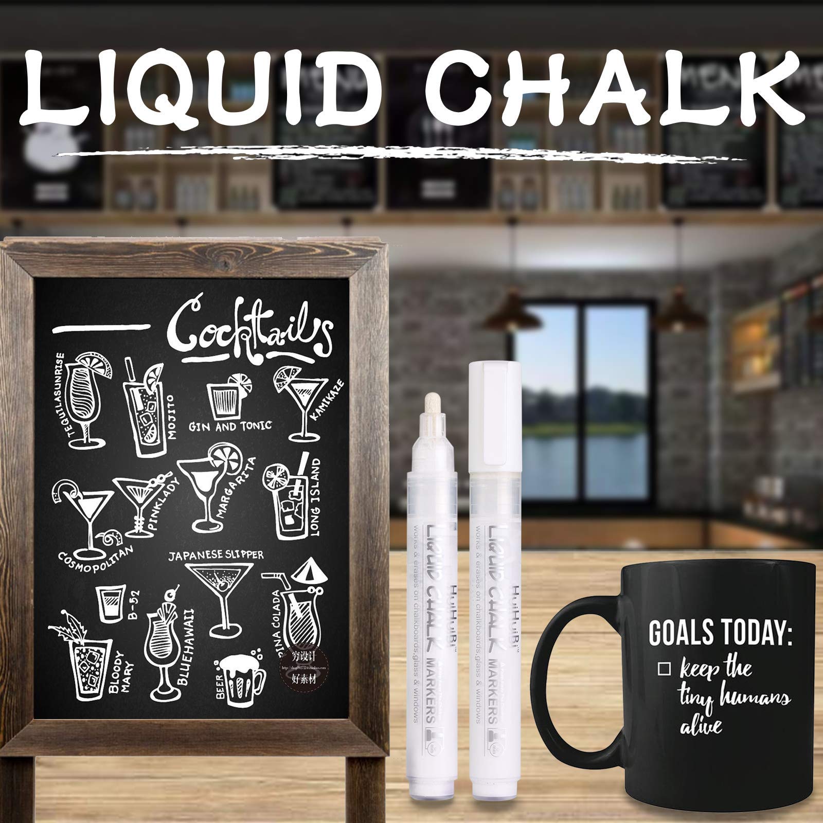 White Chalk Markers 6 Pack - Liquid Chalk Pens for Blackboard, Windows, Glass & Signs - Dry Erase Markers for Restaurants, Cafes & Bistros - Perfect for Menu Boards, Wedding Signs & DIY Projects