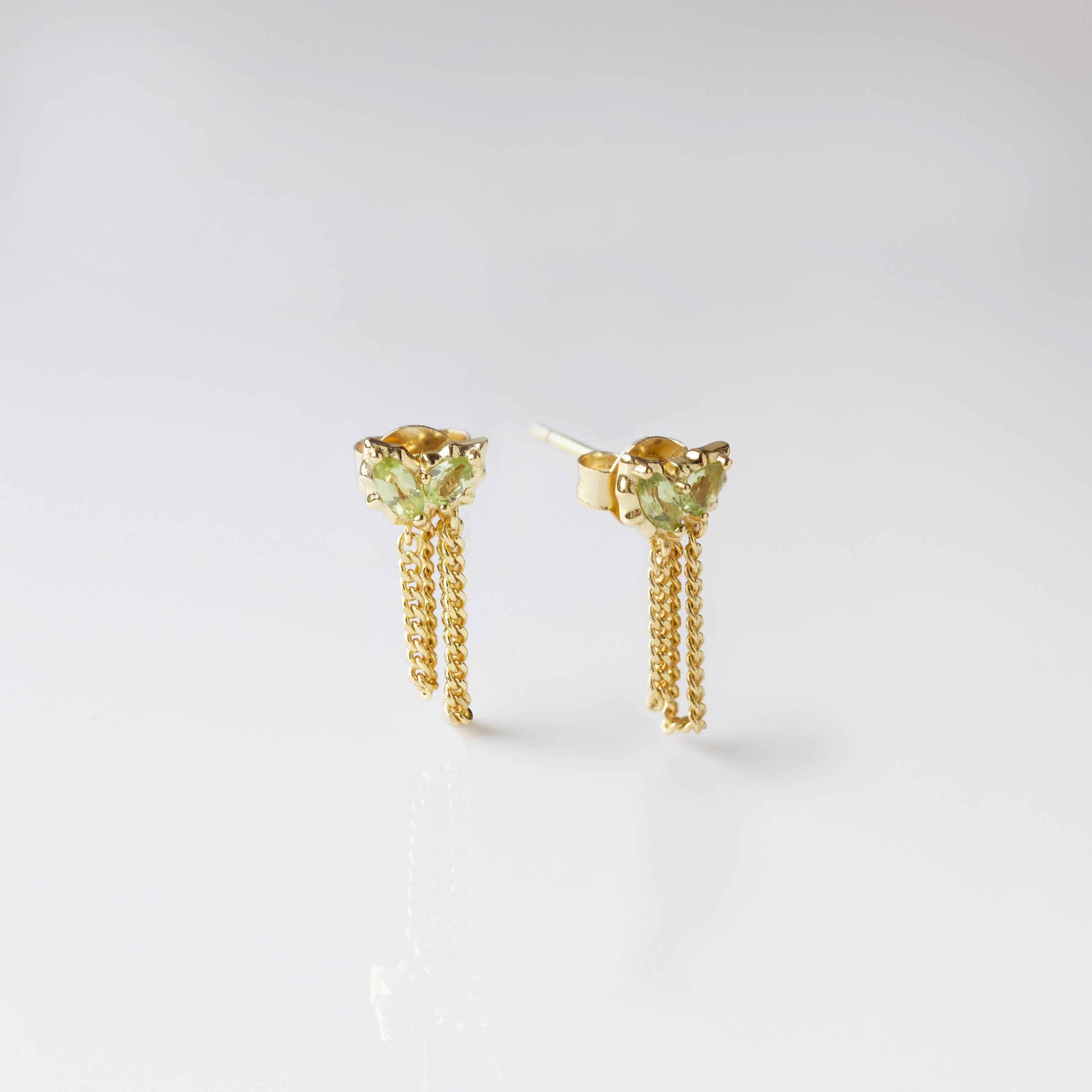 Lucky Peridot Stud Earrings for Women - 14K Gold Plated Dainty Chain Drop Earrings - Elegant Jewelry Gift for Birthday, Anniversary & Special Occasions