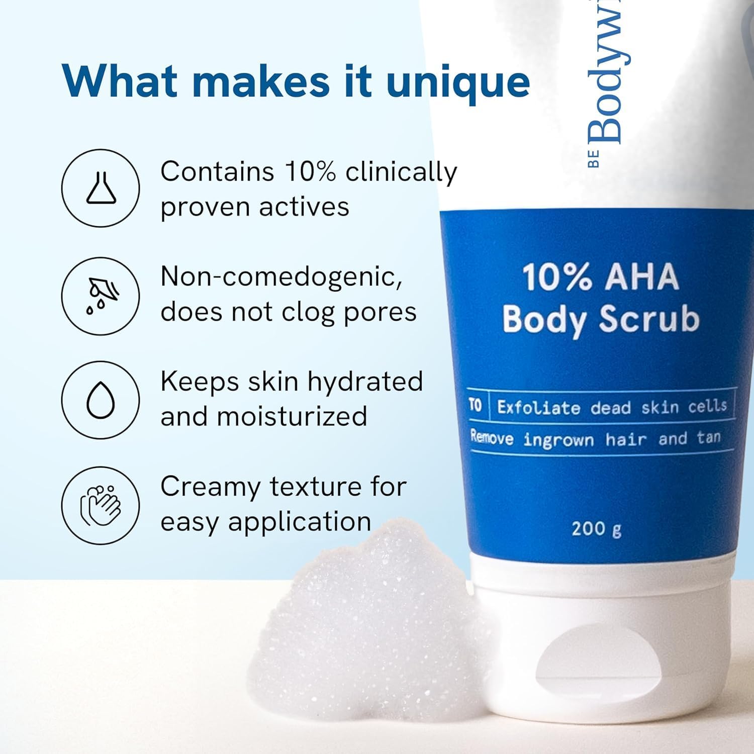 Body'wise 10% Lactic Acid AHA Exfoliating Body Scrub - Tan Removal, Soft & Smooth Skin Treatment - Perfect for Post-Sun Care & Daily Body Exfoliation