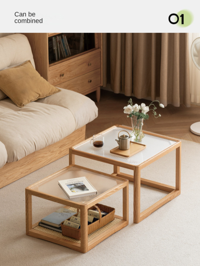 Solid Oak Wood Coffee Table with Glass Top and Rattan Shelf - Perfect for Living Room, Patio, or Outdoor Furniture Decor