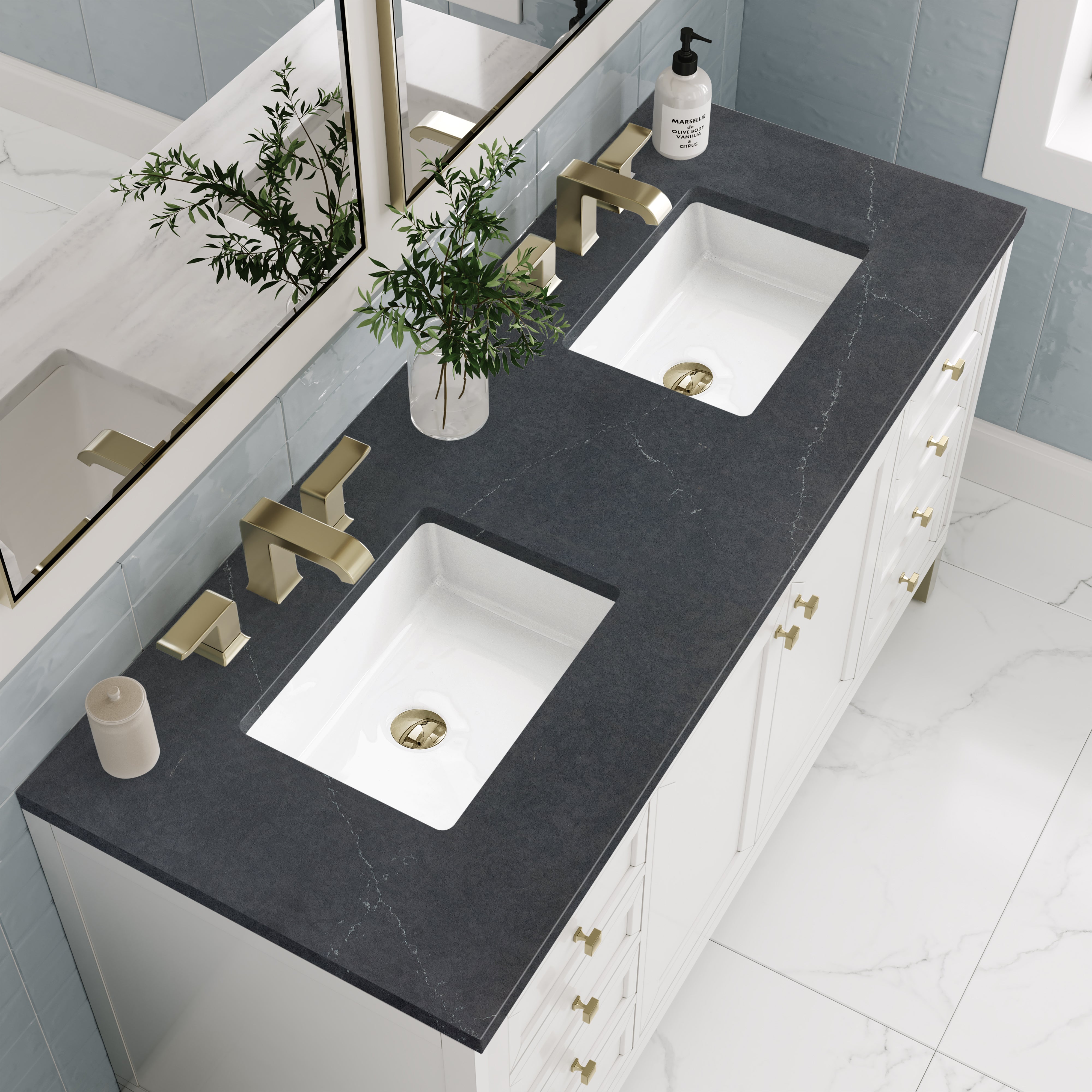 Chicago 60 Inch Double Bathroom Vanity with Glossy White Finish & 3CM Charcoal Soapstone Countertop - Perfect for Modern Master Bathrooms and Luxury Home Renovations