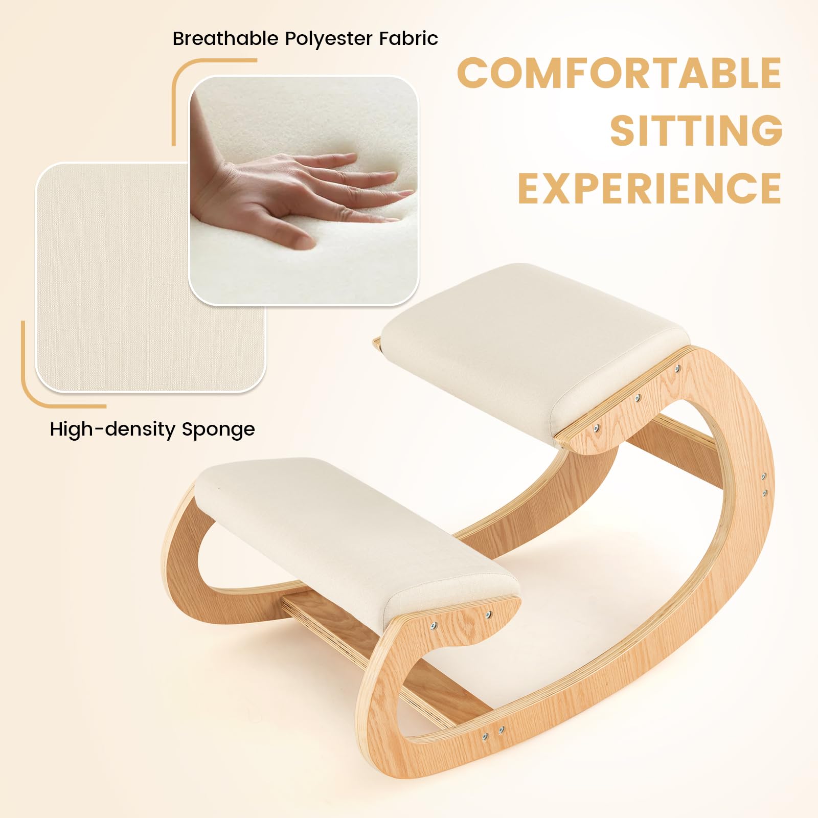 Giantex Ergonomic Kneeling Chair with Cushion - Solid Wood Posture Chair for Office, Home & Study - 330 lbs Weight Capacity - Comfortable Rocking Kneel Chair for Better Posture (White) - Perfect for Long Work Hours, Meditation & Back Pain Relief