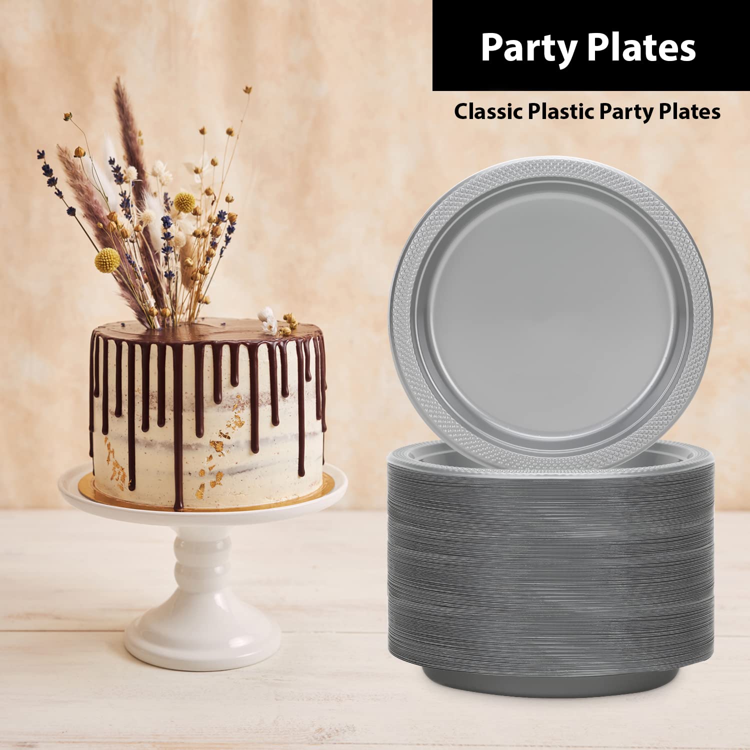 Hanna K. Signature 9 Inch Silver Plastic Plates - 600 Count Disposable Round Party Plates for Weddings, BBQs, Birthdays & Desserts - Elegant & Durable for Any Celebration