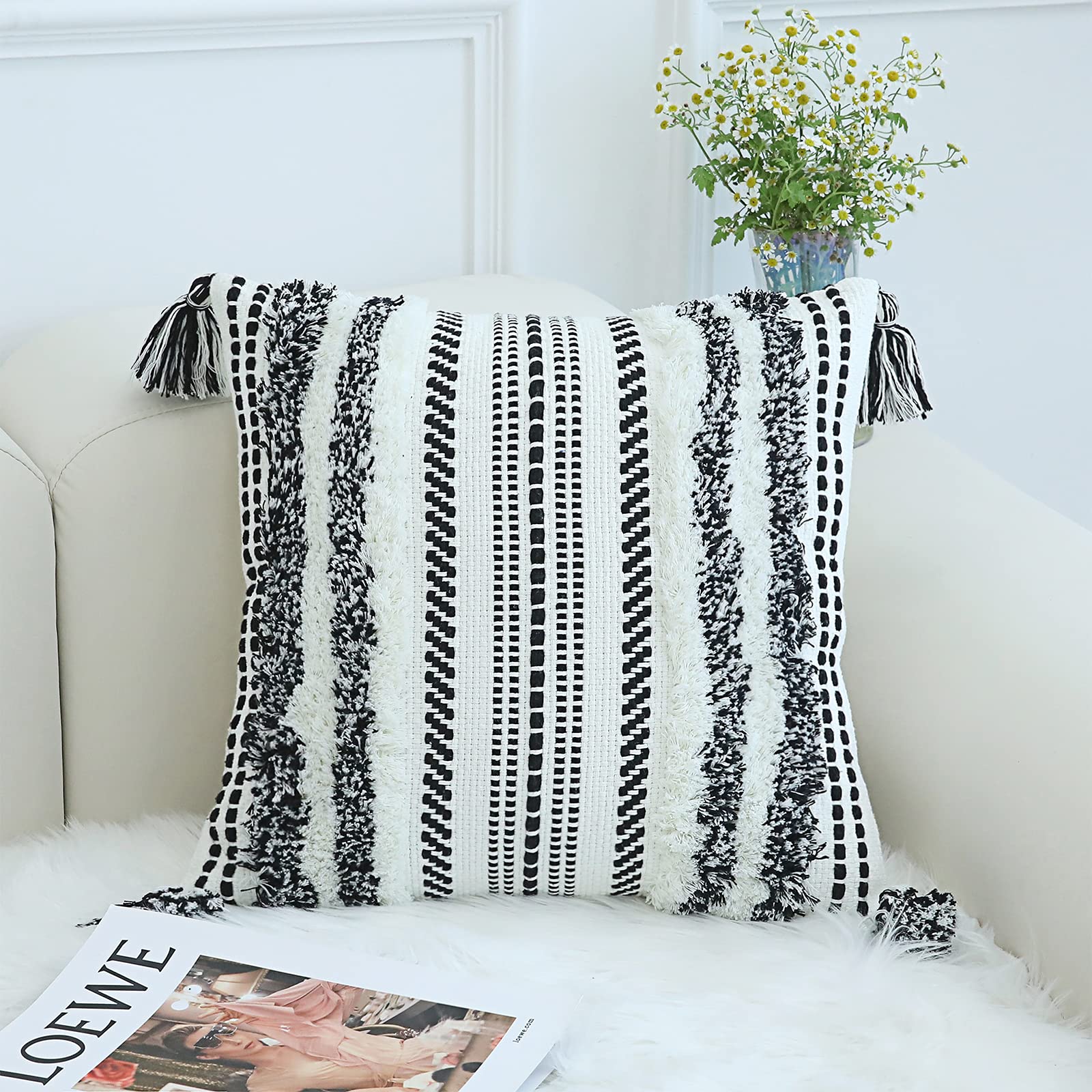 Boho Decorative Throw Pillow Covers 18x18 - Neutral Tufted Woven Accent Cushion for Bed, Sofa & Living Room - Black and White Home Decor