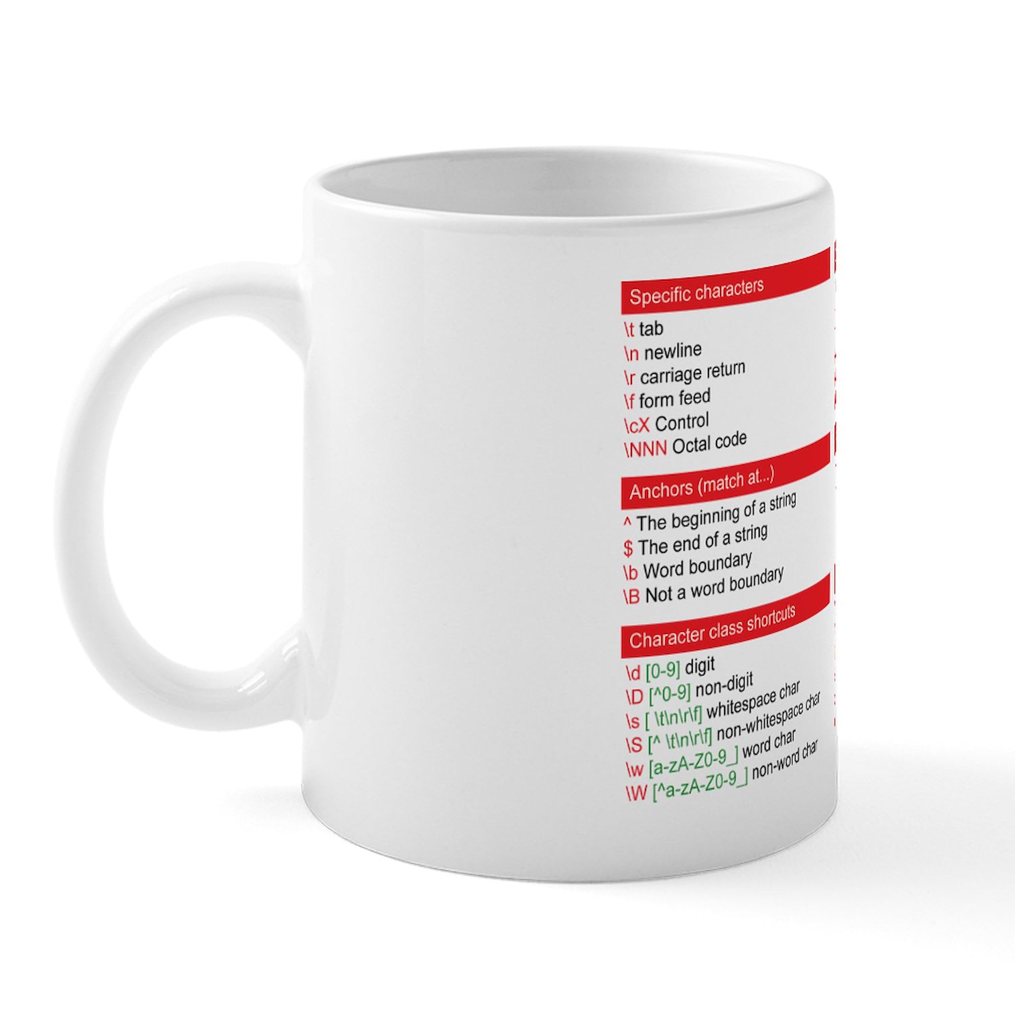 Regex Reference Mug - 11 oz (325 ml) Ceramic Coffee Cup with Programming Joke - Perfect for Coders, Developers & Tech Gifts | Office, Home & Coding Sessions