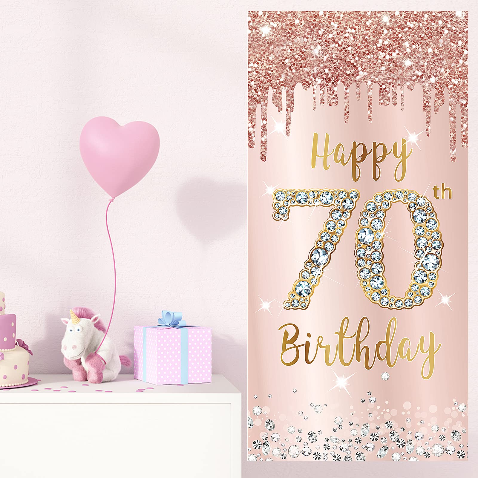 Happy 70th Birthday Door Banner Decorations for Women - Pink Rose Gold Large Seventy Year Old Birthday Party Supplies - Perfect for Birthday Backdrop, Door Cover & Celebration Decorations