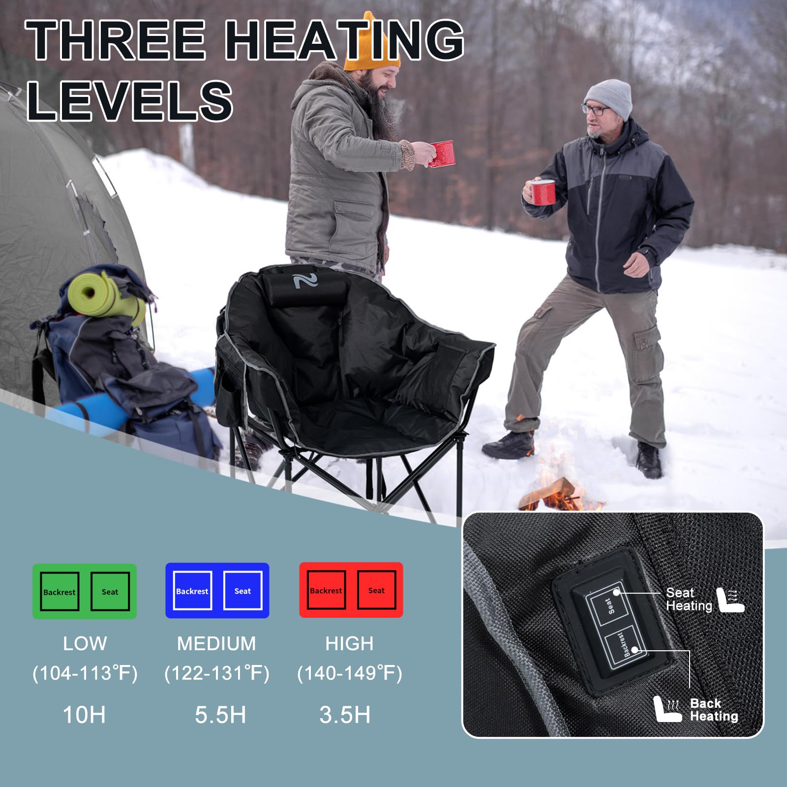 MOPHOTO Heated Camping Chair for Adults - Portable Oversized Padded Folding Chair with Heating - Outdoor Sports, Lawn, Patio & Lounge Use - Perfect for Camping, Fishing, Hunting & Backyard Relaxation