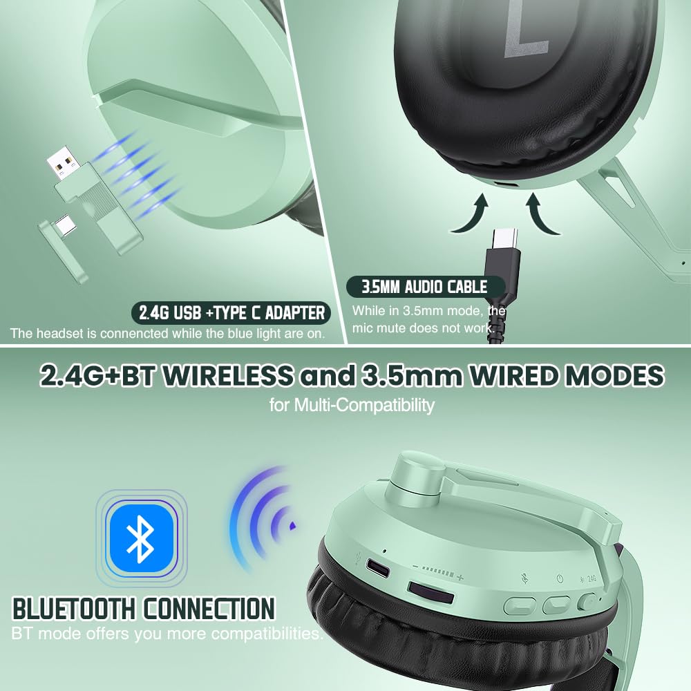 Wireless Gaming Headset with Noise Canceling Mic for PS5, PC, PS4 - 2.4G/Bluetooth Headphones with USB-C & Wired Controller Mode (Green) | Perfect for Competitive Gaming & Online Chat