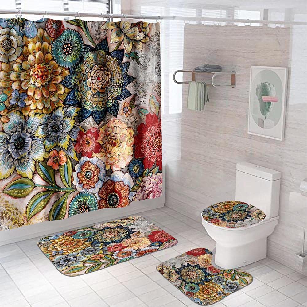 Boho Floral Shower Curtain Set - 4 Piece Bathroom Decor with Non-Slip Rug, Toilet Lid Cover & Bath Mat - 72×72 Inch Modern Fabric Bath Accessories for Vintage & Farmhouse Style Bathrooms