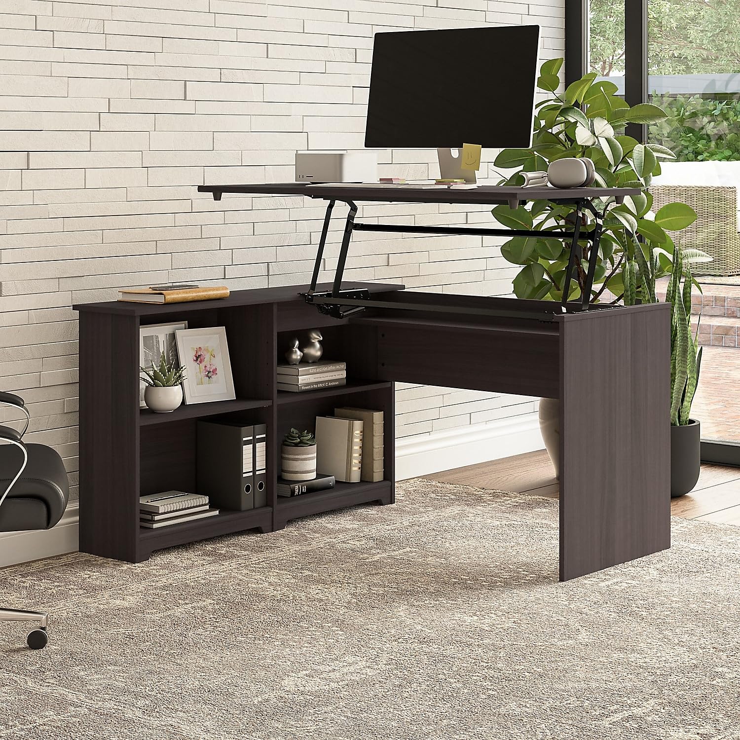 Bush Furniture Cabot 52W 3-Position Adjustable Height Sit to Stand Corner Desk with Storage Shelves in Heather Gray - Perfect for Home Office, Small Spaces & Ergonomic Workstations