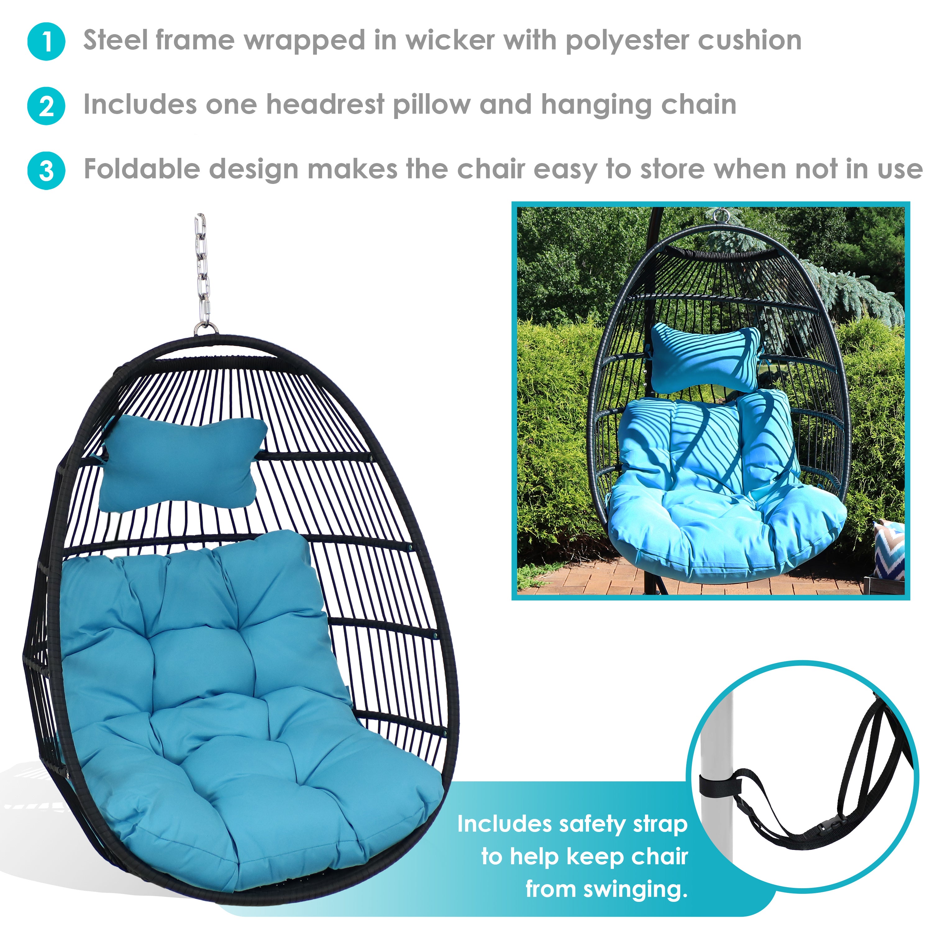 Sunnydaze Julia Outdoor Hanging Egg Chair with Waterproof Cushions - Patio, Garden, Backyard Relaxation Swing for Adults
