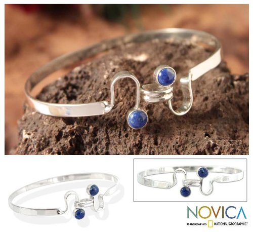 NOVICA Handmade Lapis Lazuli Sterling Silver Bangle Bracelet - 7