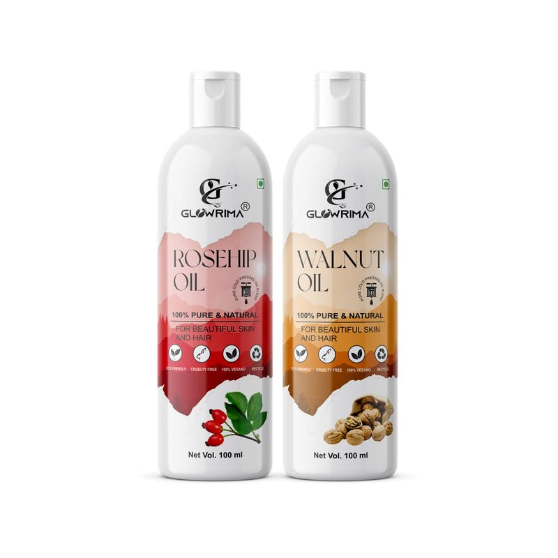 Glowrima 100% Pure Rosehip Oil & Walnut Oil Combo (100ML Each) - Promotes Rapid Hair Growth, Reduces Hair Fall & Split Ends for Softer, Shinier Hair - Perfect for Daily Hair Care & Scalp Treatment (Pack of 2)