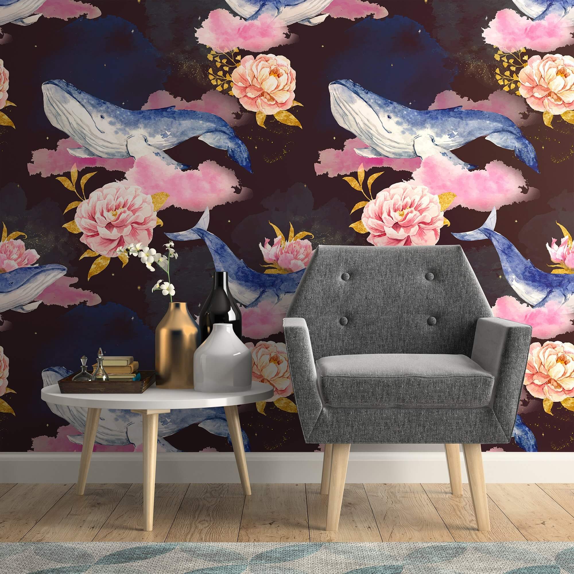 Pink and Gold Watercolor Nautical Peel and Stick Removable Wallpaper - Self-Adhesive Decorative Wall Covering for Bedroom, Nursery, Living Room, Office & Home Decor