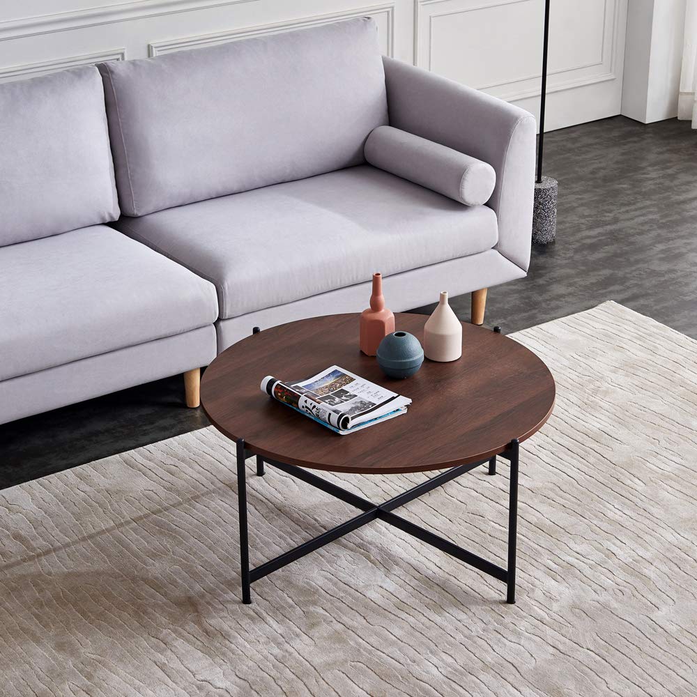Modern Round Marble Coffee Table with Concrete Wooden Surface - 36