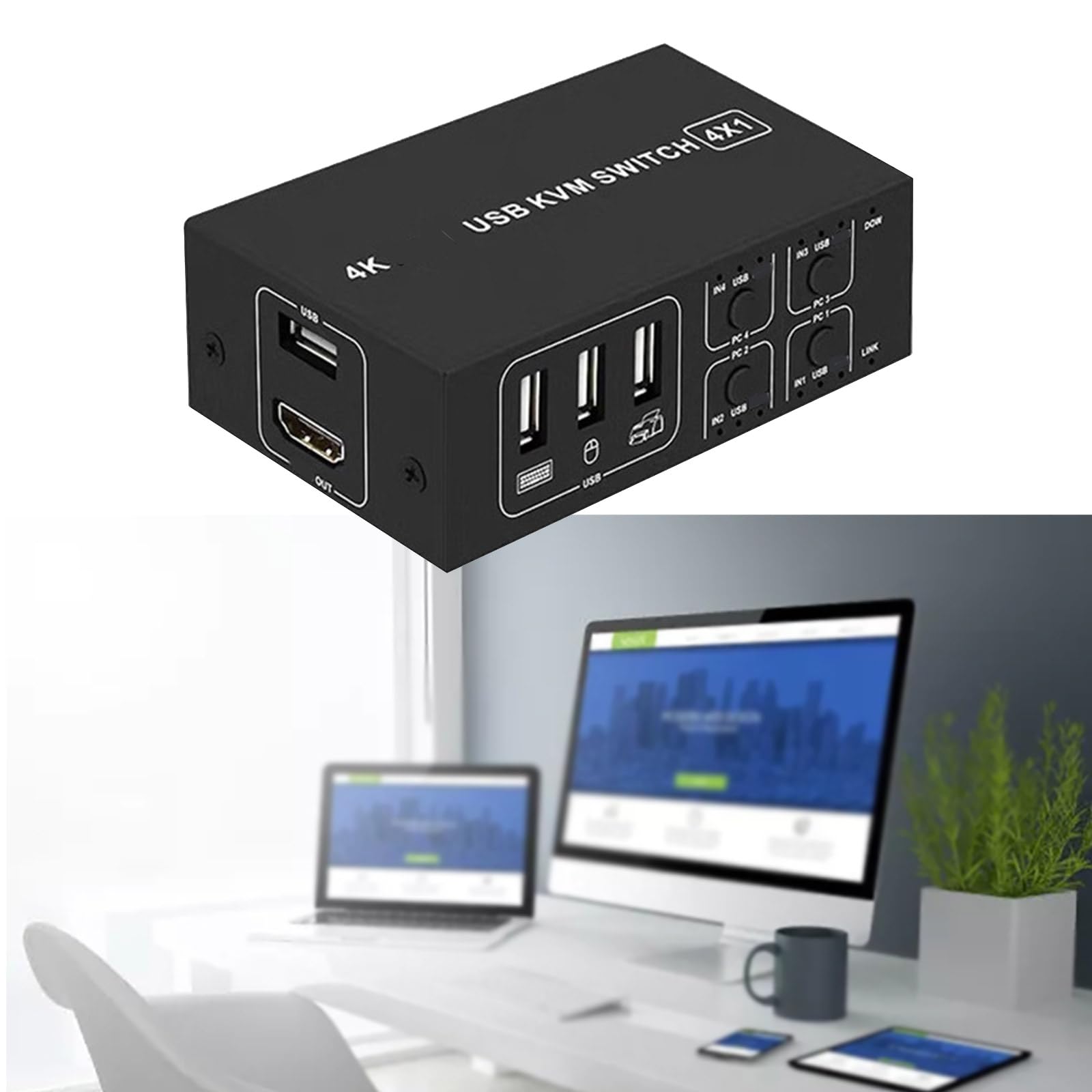 4-Port USB KVM Switch - 4 in 1 Out USB Sharing Hub for Keyboard, Mouse, Printer & Monitor | Perfect for Home Office, Multi-Computer Setup & Virtual Machine Control