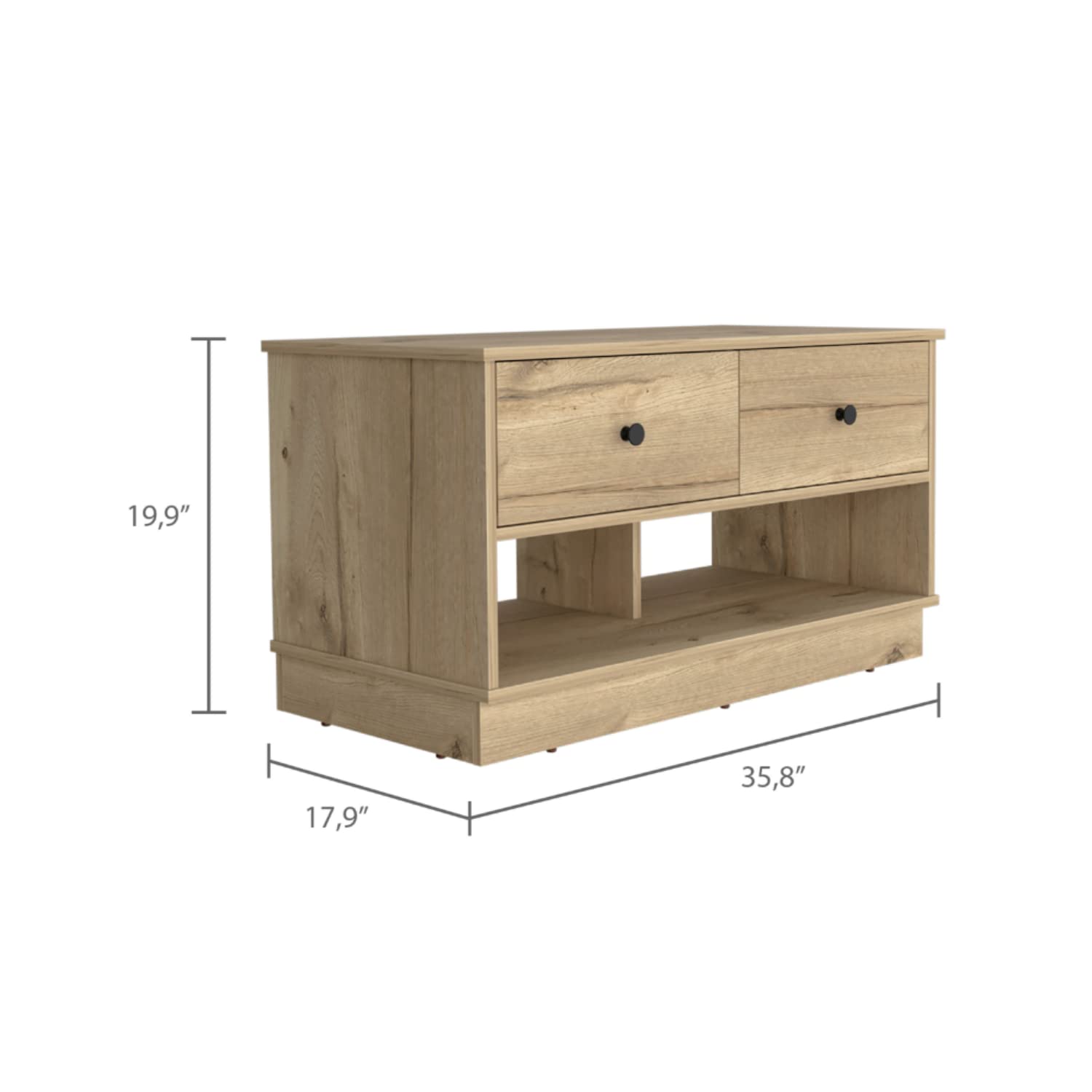 Uranus Storage Bench with 2 Drawers & 2 Open Shelves - Light Oak Wooden Entryway Bench for Hallway, Bedroom, or Living Room Organization
