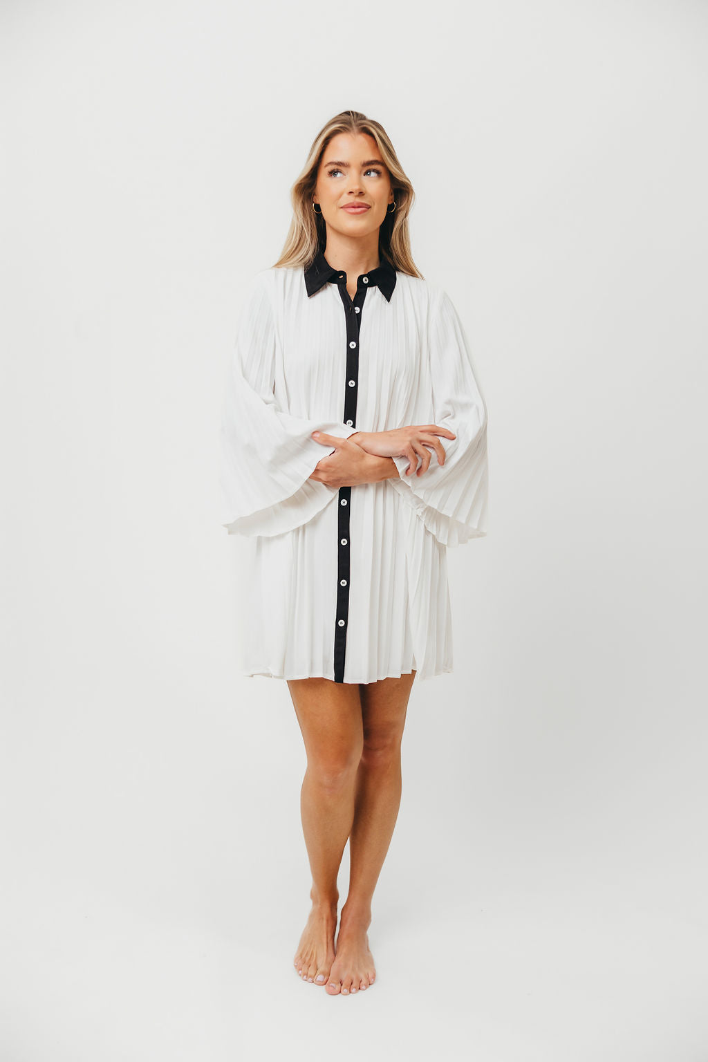 Monique Pleated Shirt Dress for Women - Ivory & Black Flowy Midi Dress with Belt | Office Wear, Spring Outfits, Casual Chic Style