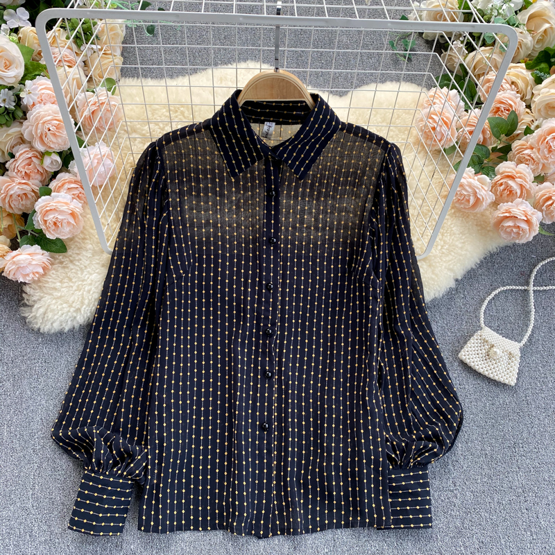 French Retro Chiffon Long Sleeve Blouse - Loose Fit Polka Dot Top for Women | Elegant Office Wear & Casual Spring Outfits