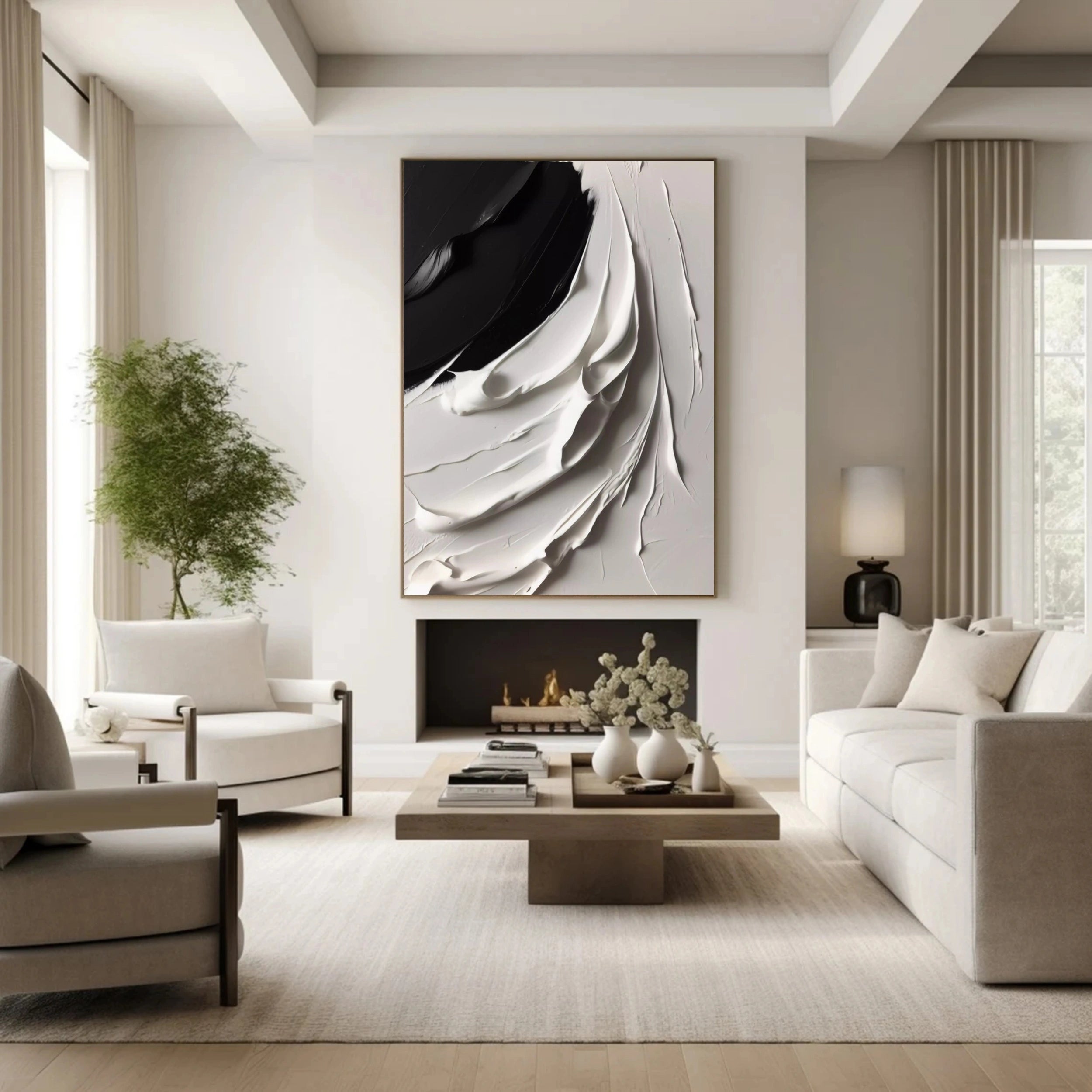 White & Black Minimalist Textured Canvas Wall Art Painting - Modern Abstract Home Decor for Living Room, Bedroom & Office | #MM141