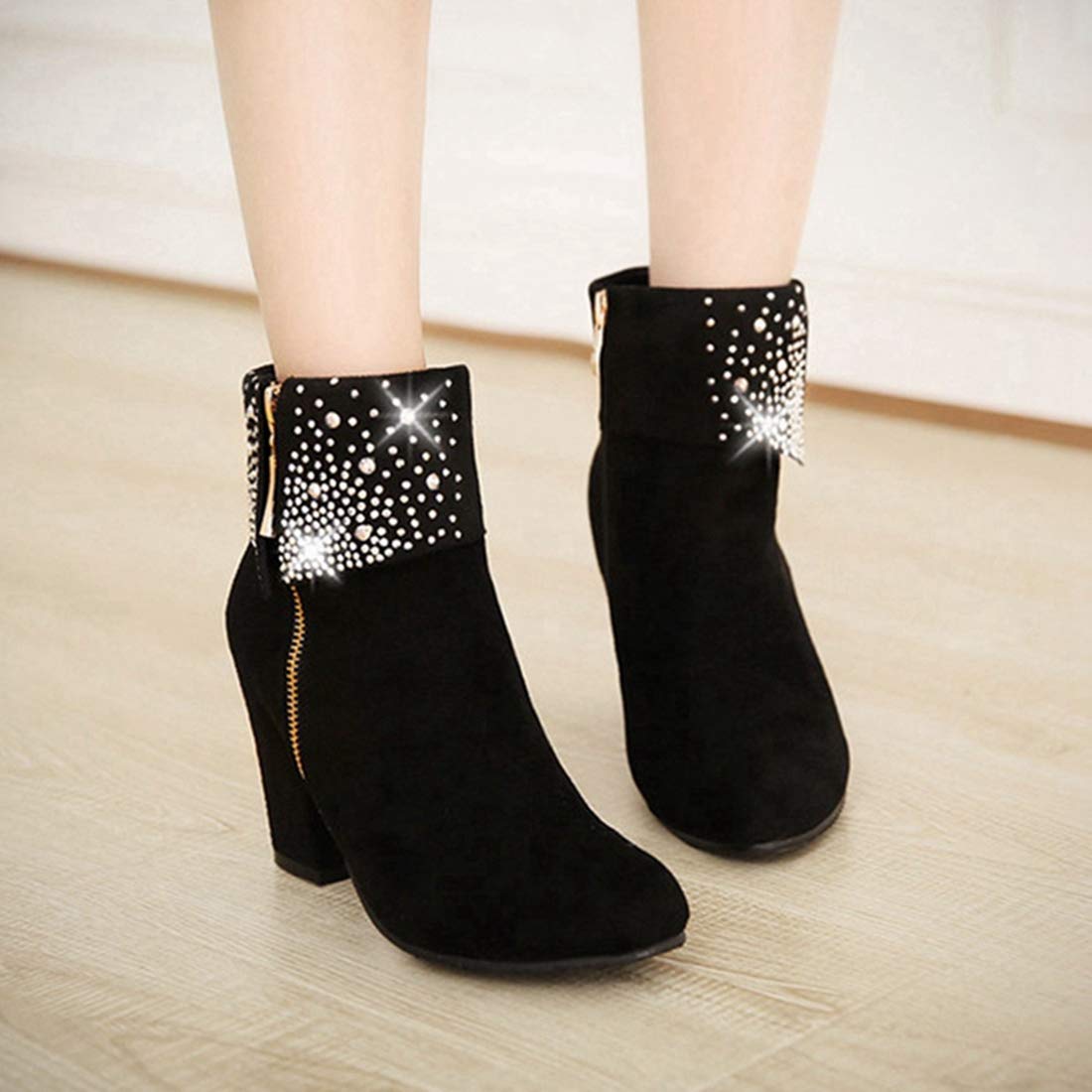 VOKLIN Women's Chunky Block Heel Ankle Boots - Round Toe Suede Booties with Rhinestone Details & Side Zipper - Perfect for Party, Office & Night Out (Black, Size 7)