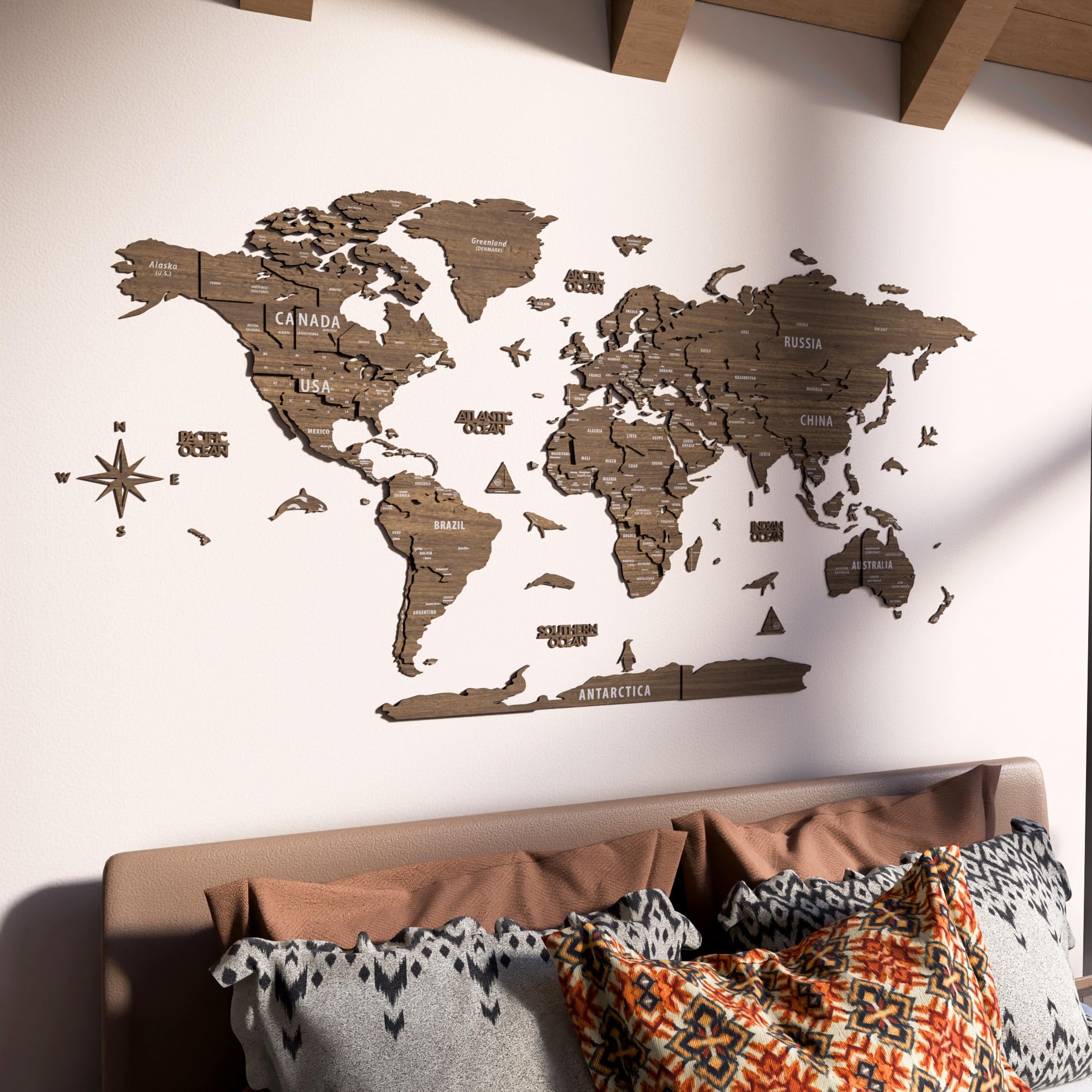 3D Wooden World Map Wall Art - Multilayered Travel Map with States & Capitals - Home Office Decor for Living Room, Bedroom - Perfect Gift for Travelers, Men, Birthday Present - Housewarming & Wedding Decor Idea