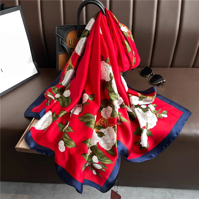 180x90cm Luxury Silk Scarf for Women - Floral Printed Large Shawl, Sun Protection Wrap, Soft Bandana, Hijab & Muffler - Perfect for Beach, Travel, and Formal Occasions