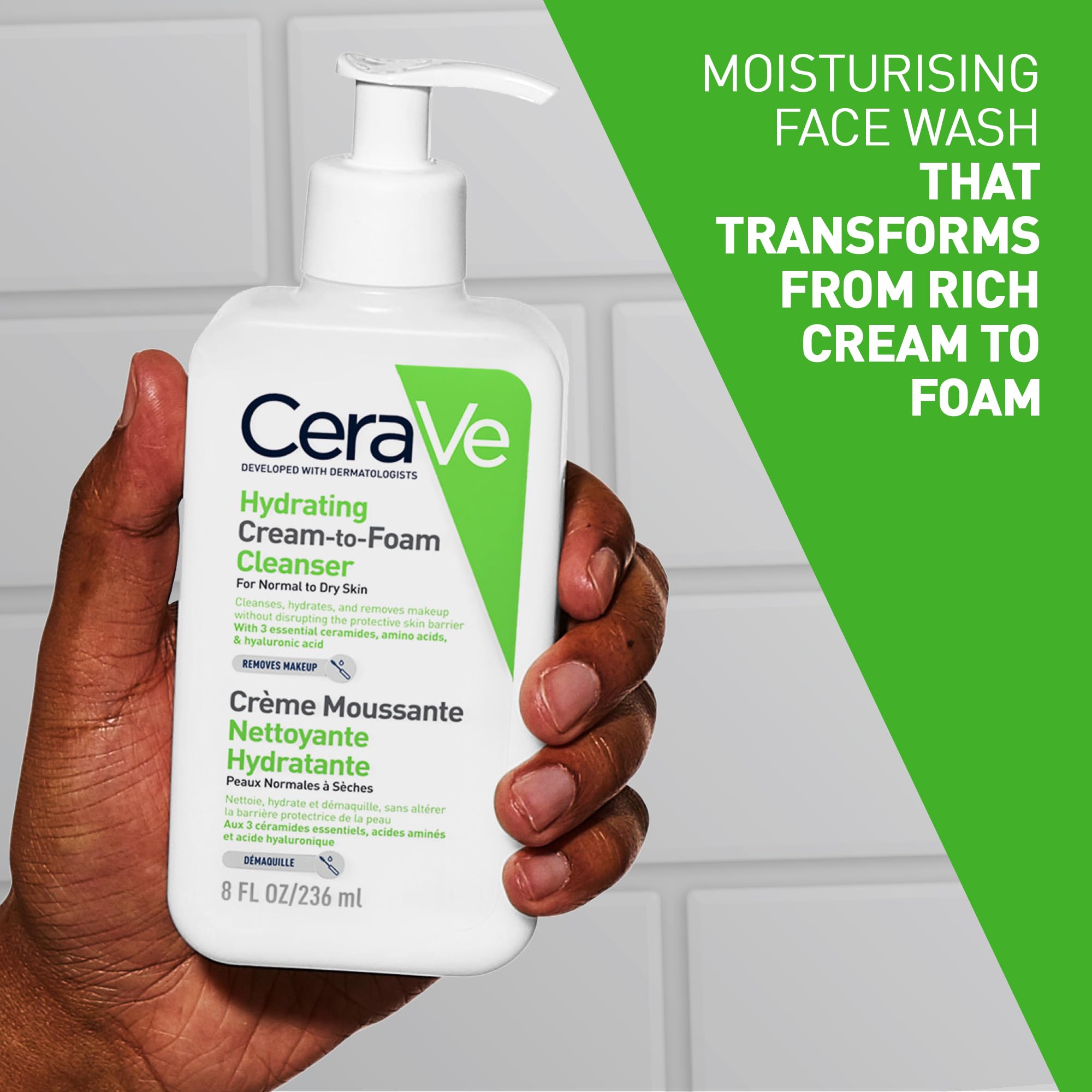 CeraVe Amino Acid Cream-to-Foam Facial Cleanser 8oz for Normal to Dry Skin - Hydrating & Gentle Face Wash for Daily Skincare Routine, Morning & Night Use