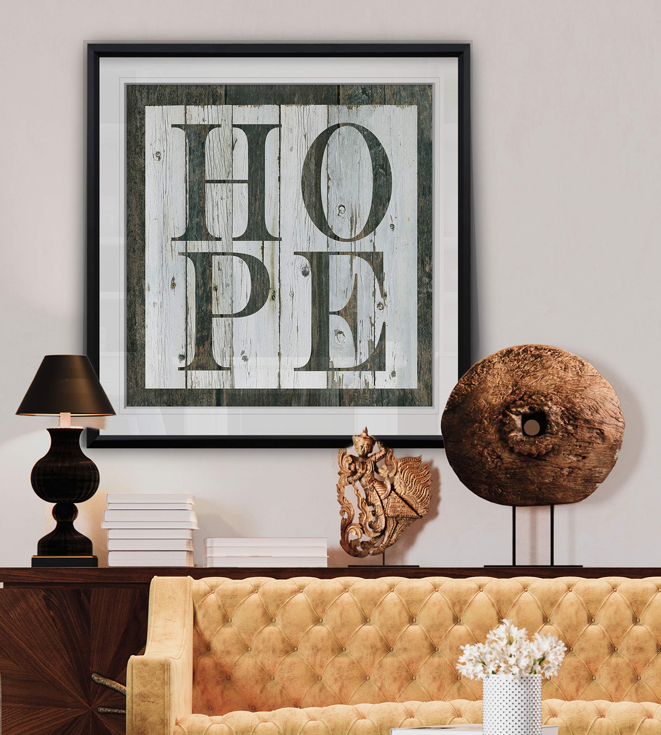 Rustic Wood Hope Sign Wall Decor - Inspirational Framed Art with Fine Giclee Canvas Print - Perfect for Living Room, Bedroom & Office Decor