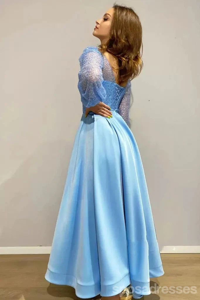 Elegant Blue A-Line Long Sleeve Prom Dress with High Slit - Affordable Formal Evening Gown for Homecoming, Pageant & Special Occasions