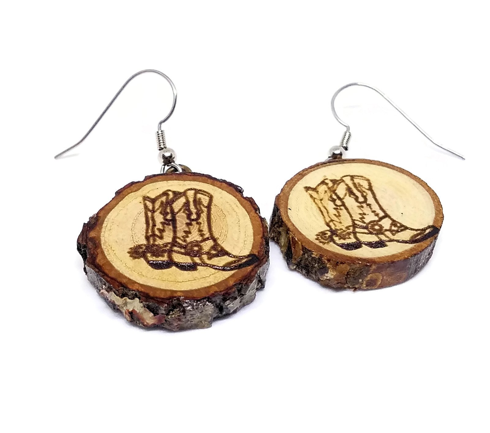 Handmade Wooden Cowboy Boot Dangle Earrings - Laser Burned Western Style Jewelry for Cowgirl & Cowboy Lovers - Perfect for Country Music Festivals, Rodeos, and Western Fashion Accessories